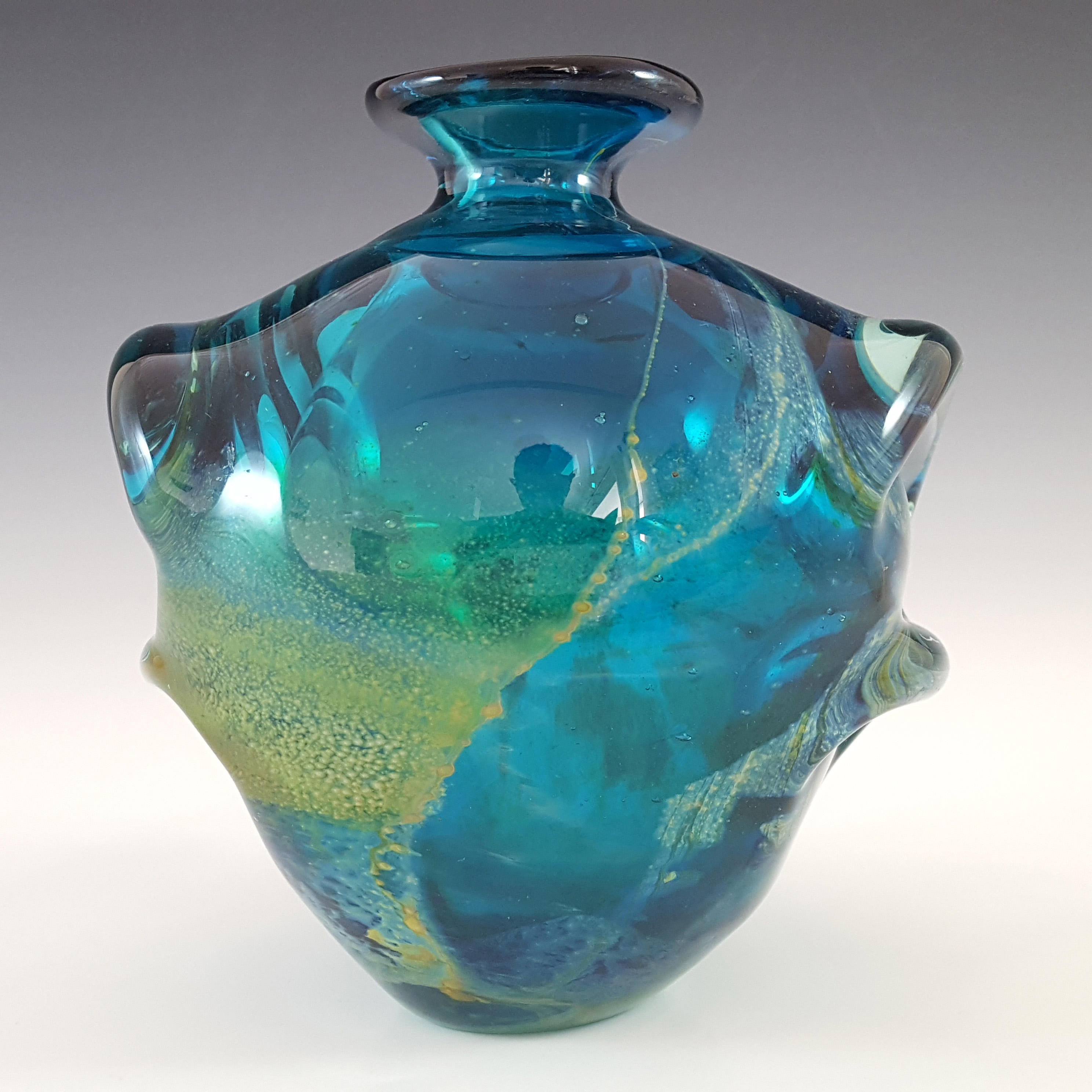 (image for) Mdina 'Blue Summer' Maltese Blue & Yellow Glass 'Pulled Ear' Vase - Signed - Click Image to Close