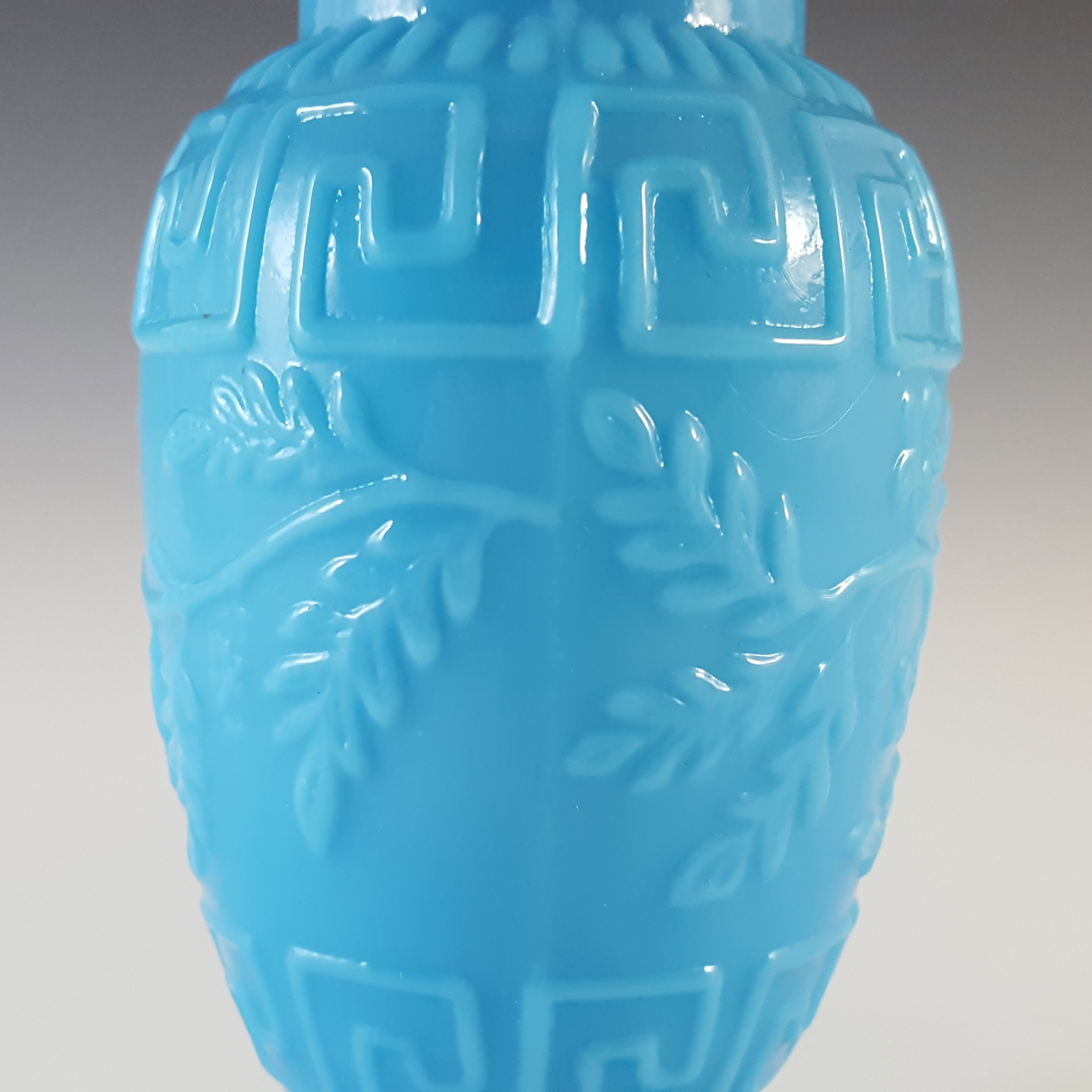 (image for) French Victorian Vintage Blue Milk Glass 'Greek Key' Vase - Click Image to Close