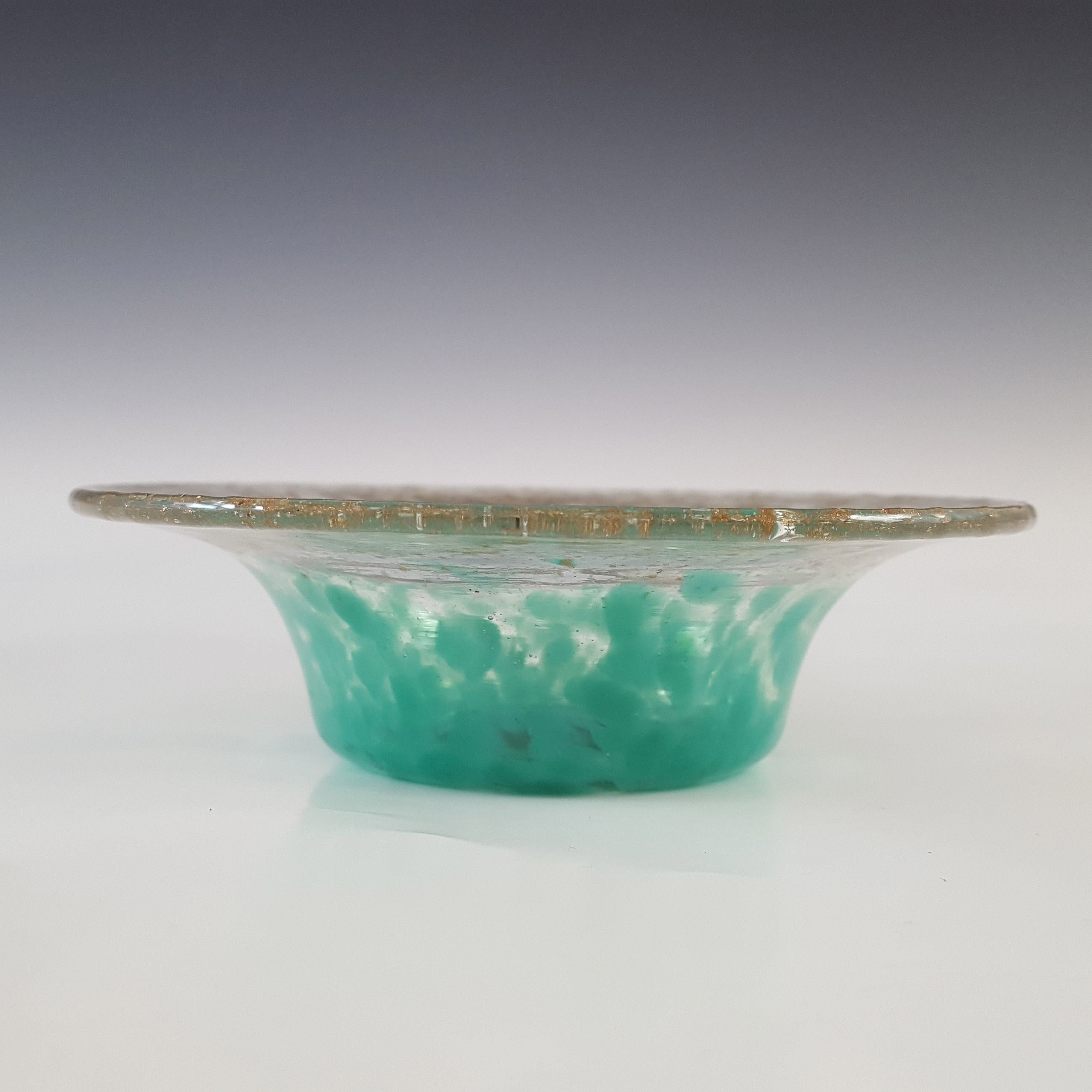 LABELLED Monart Green Copper Aventurine Vintage Glass Bowl - Click Image to Close