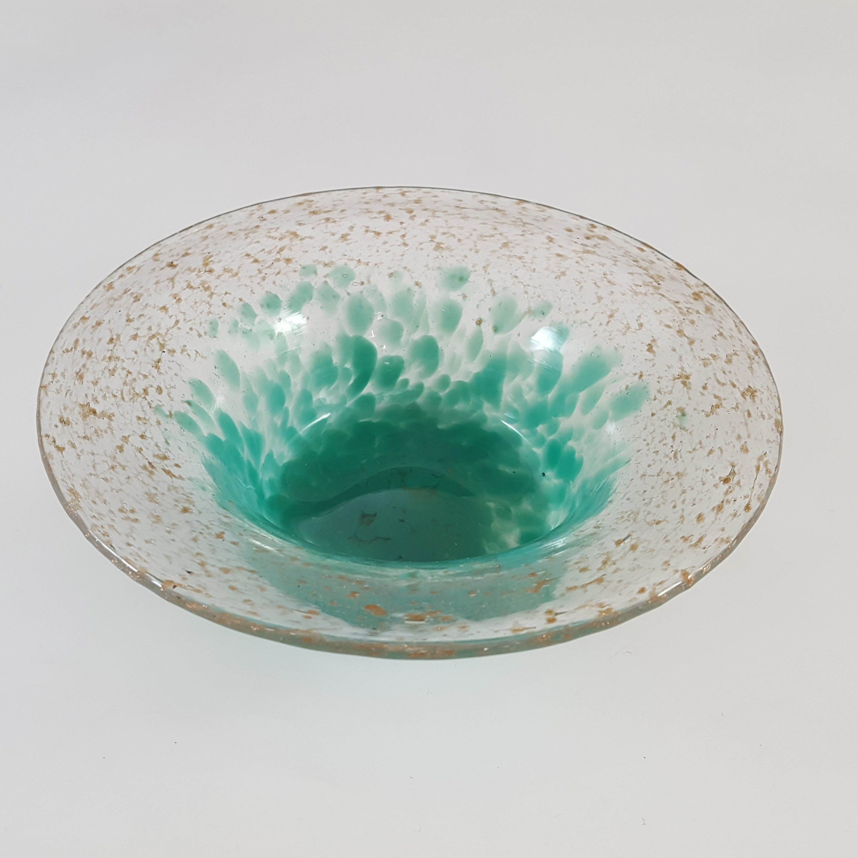 LABELLED Monart Green Copper Aventurine Vintage Glass Bowl - Click Image to Close