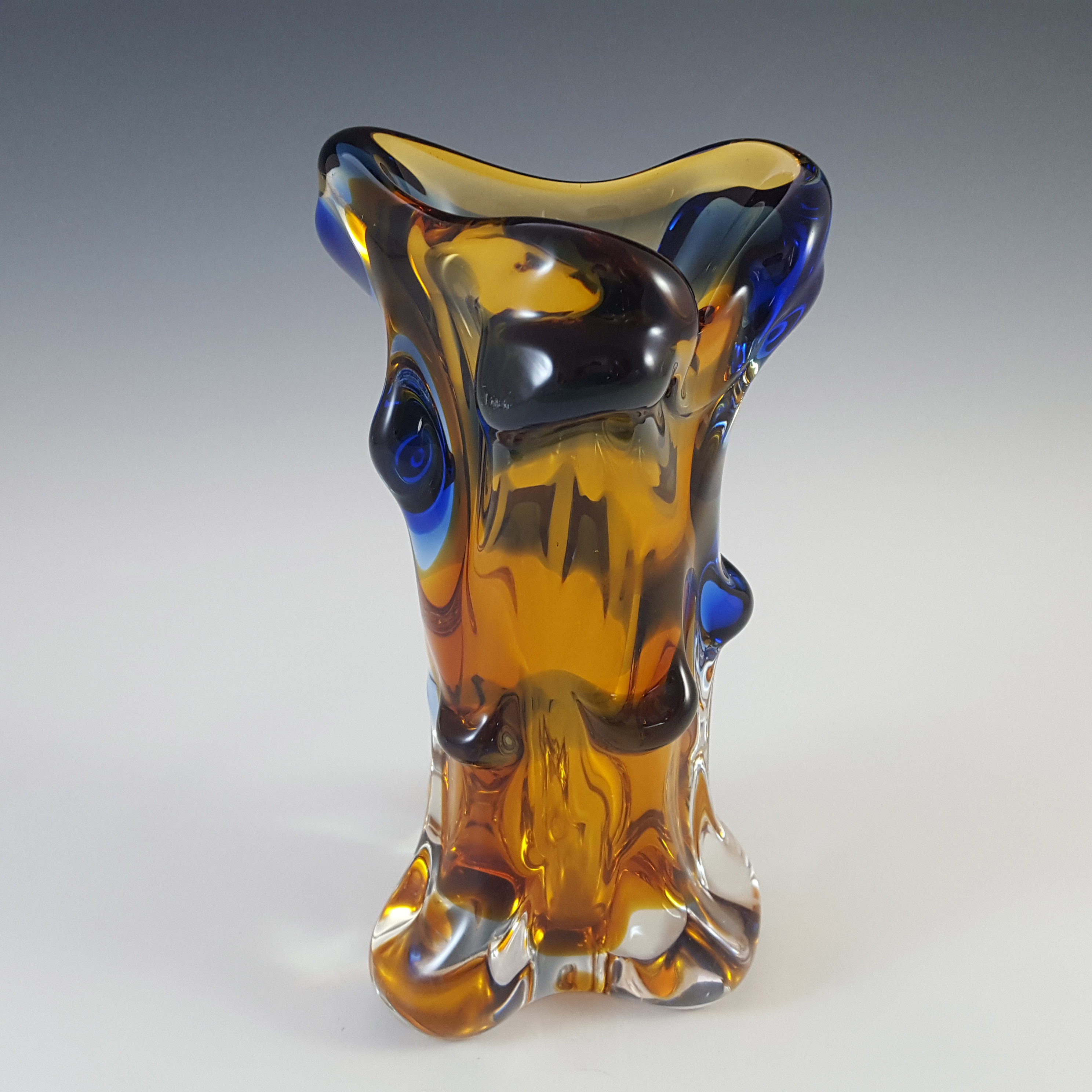 Mstisov / Moser Czech Amber & Blue Glass Organic Vase - Click Image to Close