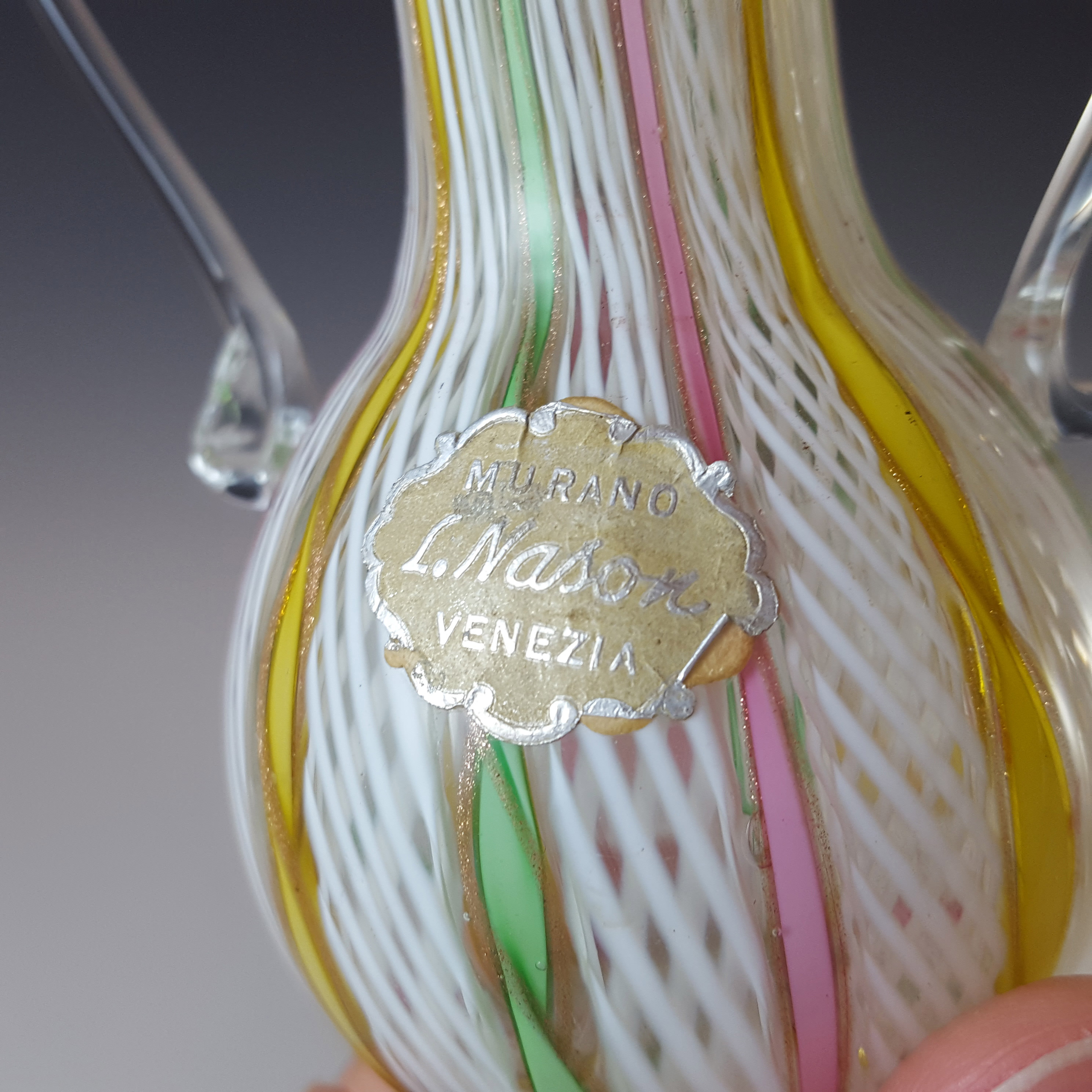 L Nason Murano Zanfirico Filigree & Aventurine Glass Vase - Labelled - Click Image to Close