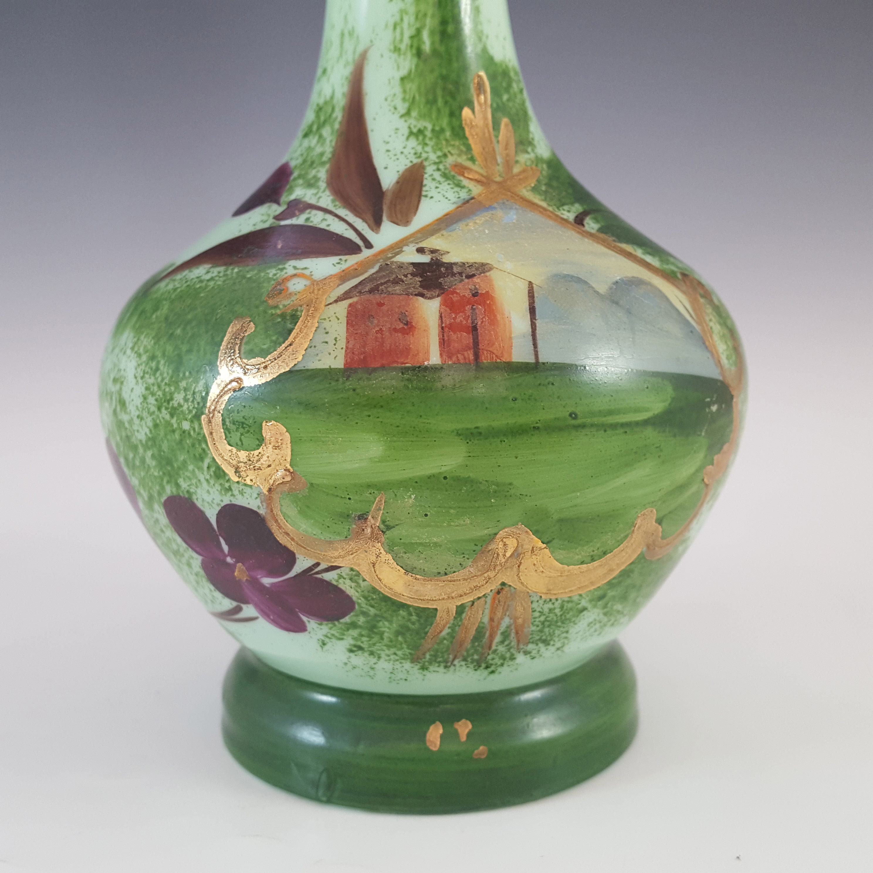 (image for) Victorian Hand Painted / Enamelled Green Glass House Vase - Click Image to Close