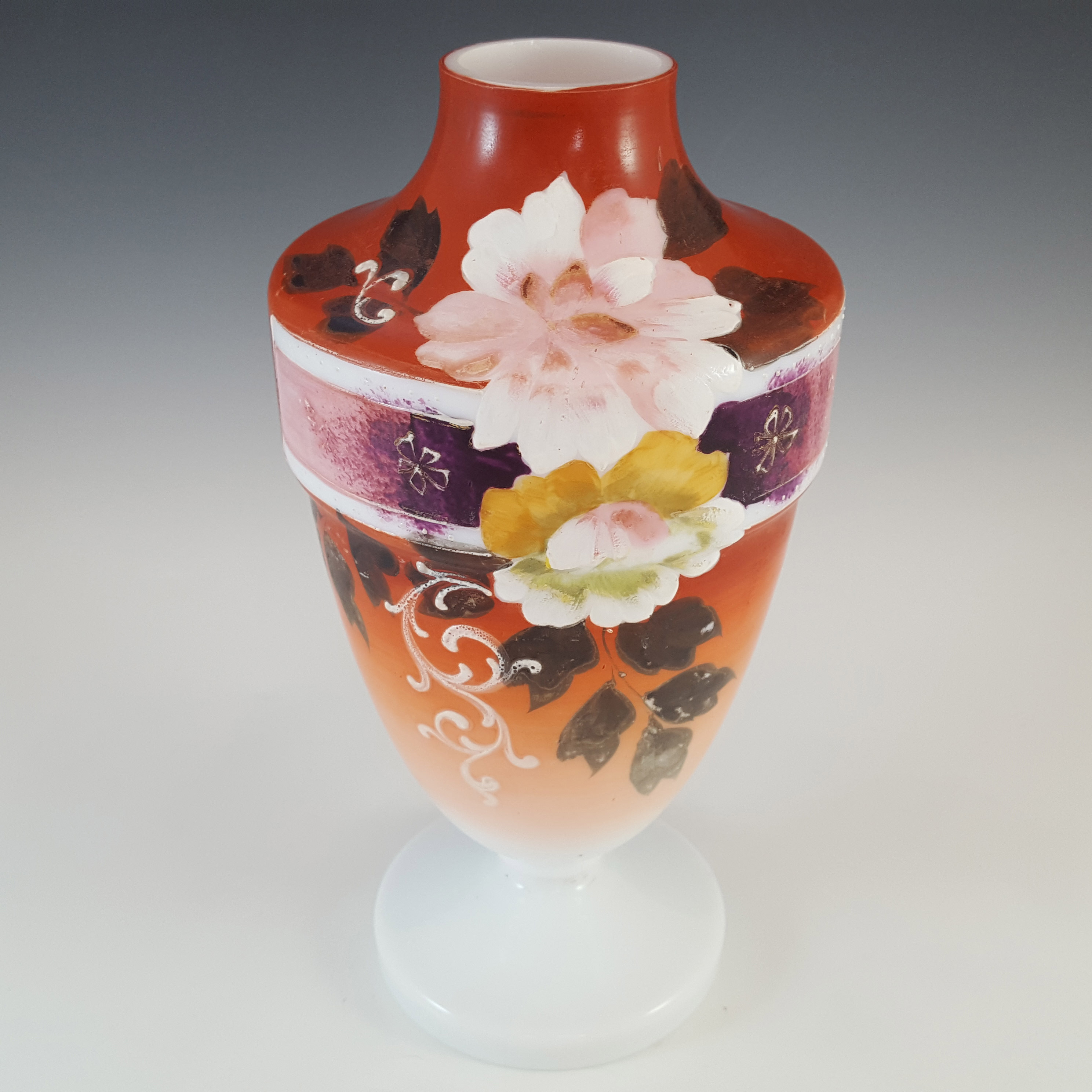 (image for) Victorian Hand Painted / Enamelled Glass Floral Vase or Urn - Click Image to Close