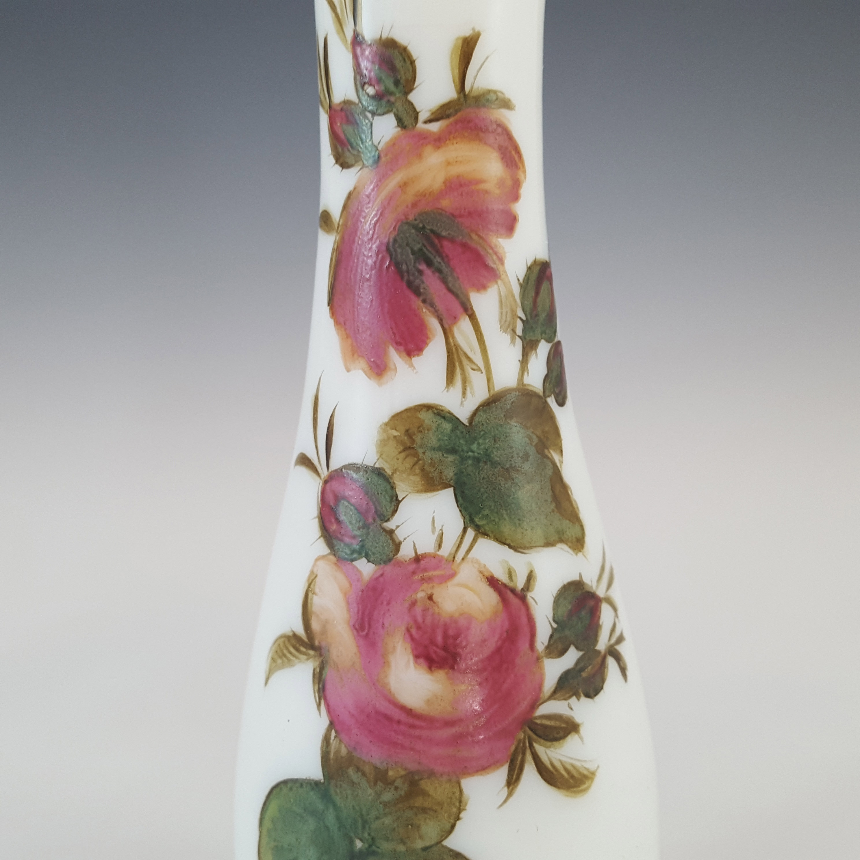 (image for) Victorian Hand Painted / Enamelled White Glass Floral Vase - Click Image to Close