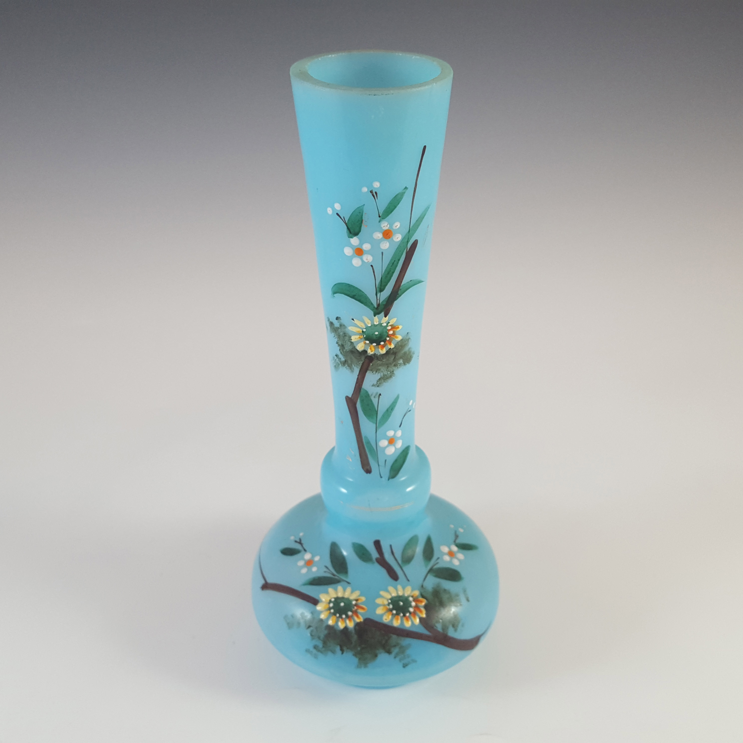 (image for) Victorian Hand Painted / Enamelled Semi-Opaque Blue Glass Vase - Click Image to Close