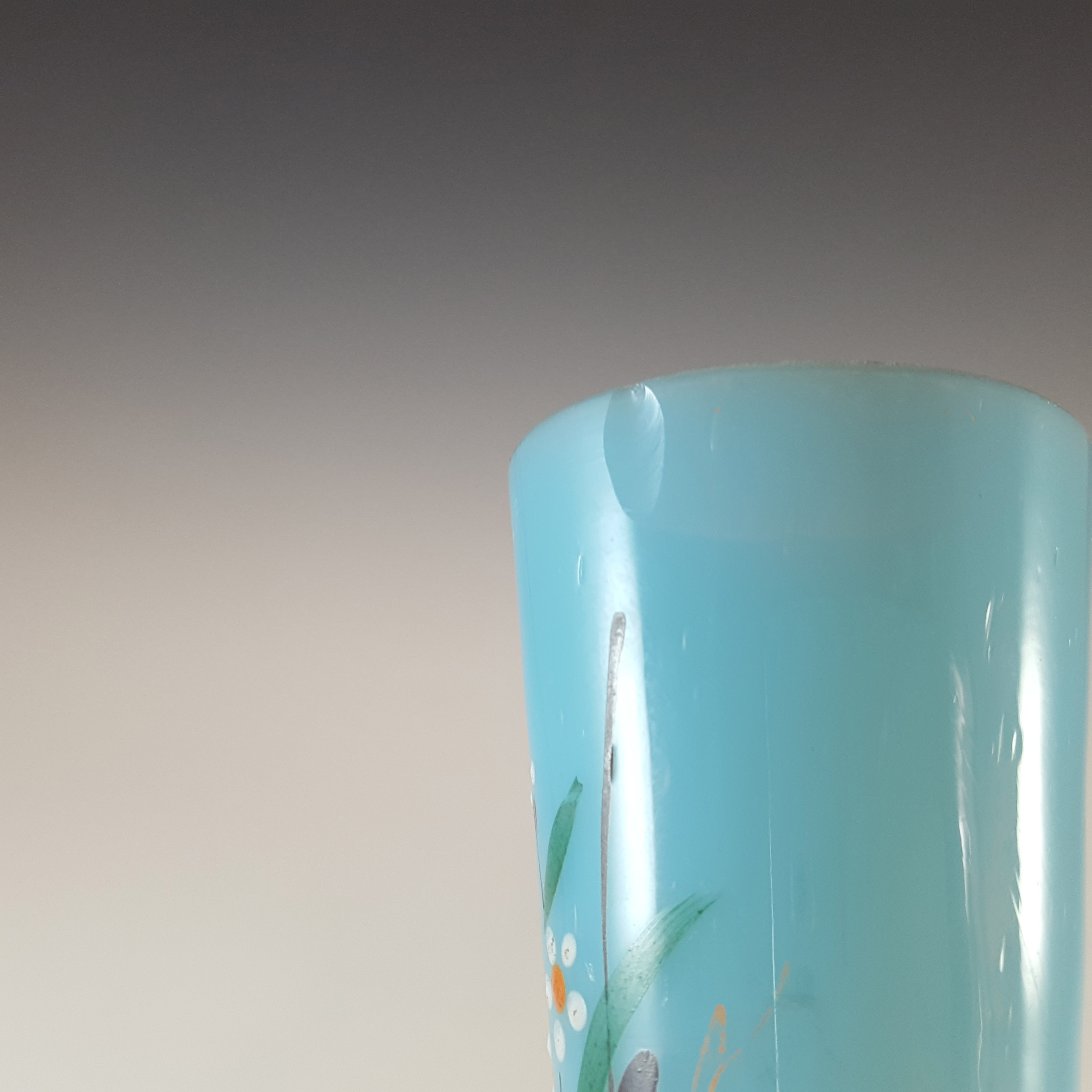 (image for) Victorian Hand Painted / Enamelled Semi-Opaque Blue Glass Vase - Click Image to Close