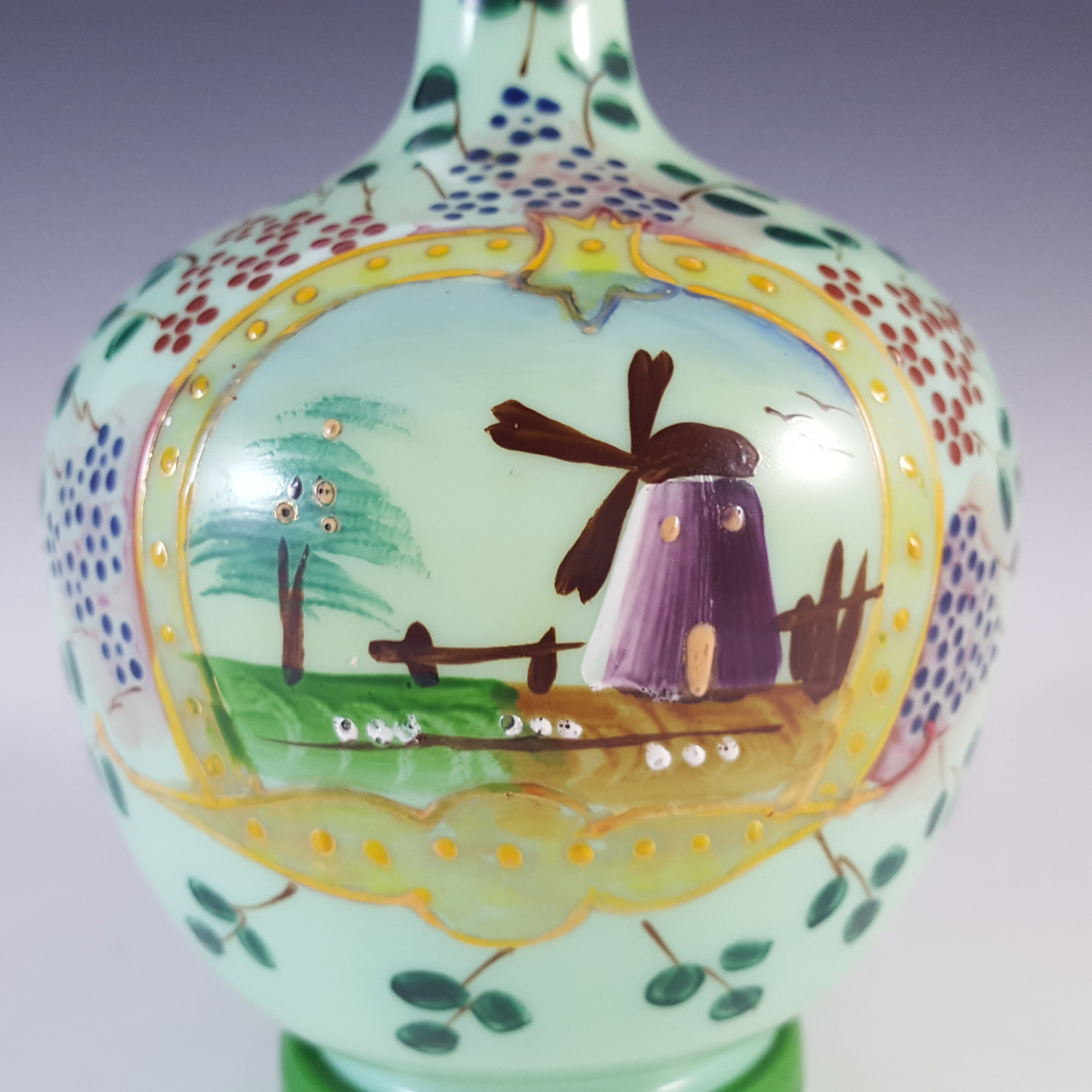 Victorian Hand Painted / Enamelled Green Glass Windmill Vase - Click Image to Close