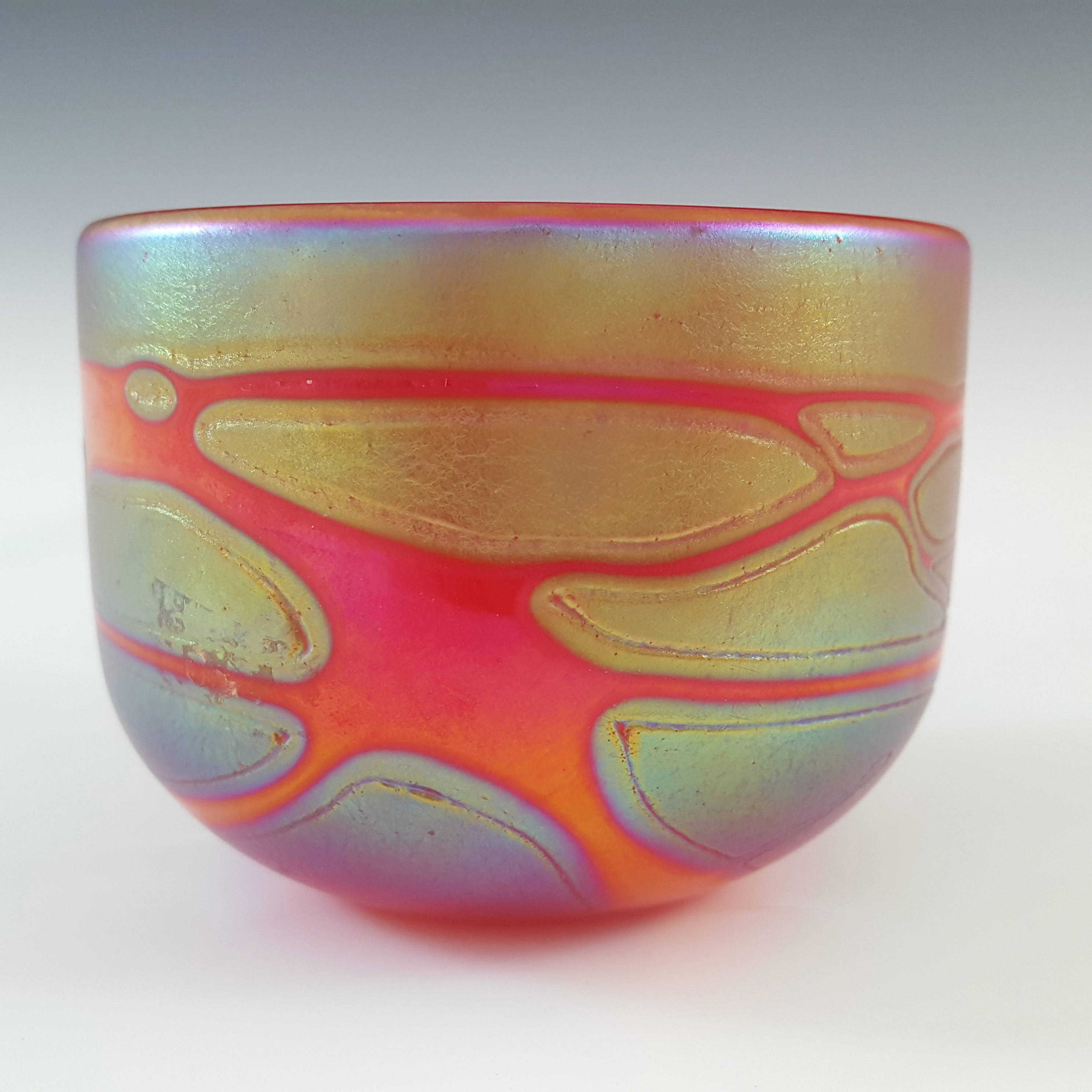 (image for) SIGNED & LABELLED Phoenician Red Iridescent Maltese Glass Bowl - Click Image to Close