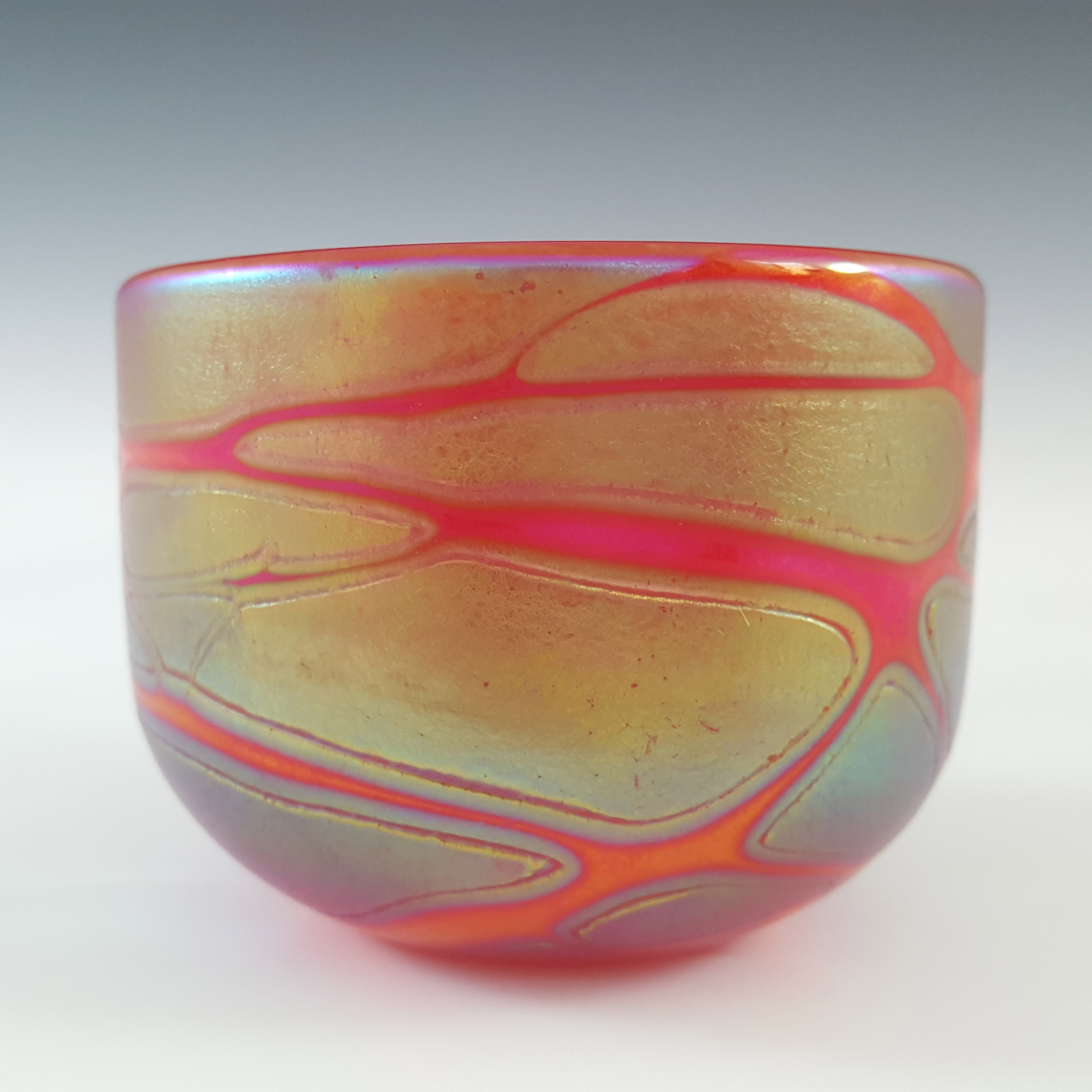 (image for) SIGNED & LABELLED Phoenician Red Iridescent Maltese Glass Bowl - Click Image to Close
