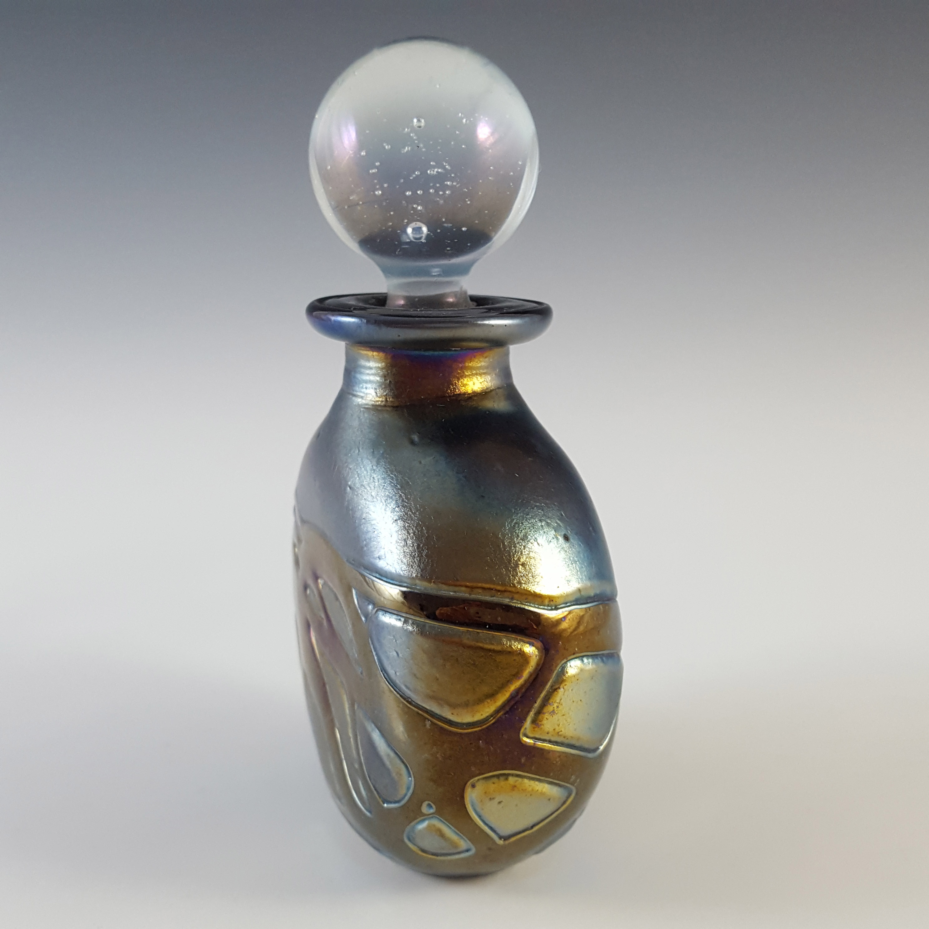 (image for) SIGNED Phoenician Black & Blue Iridescent Glass Perfume Bottle - Click Image to Close