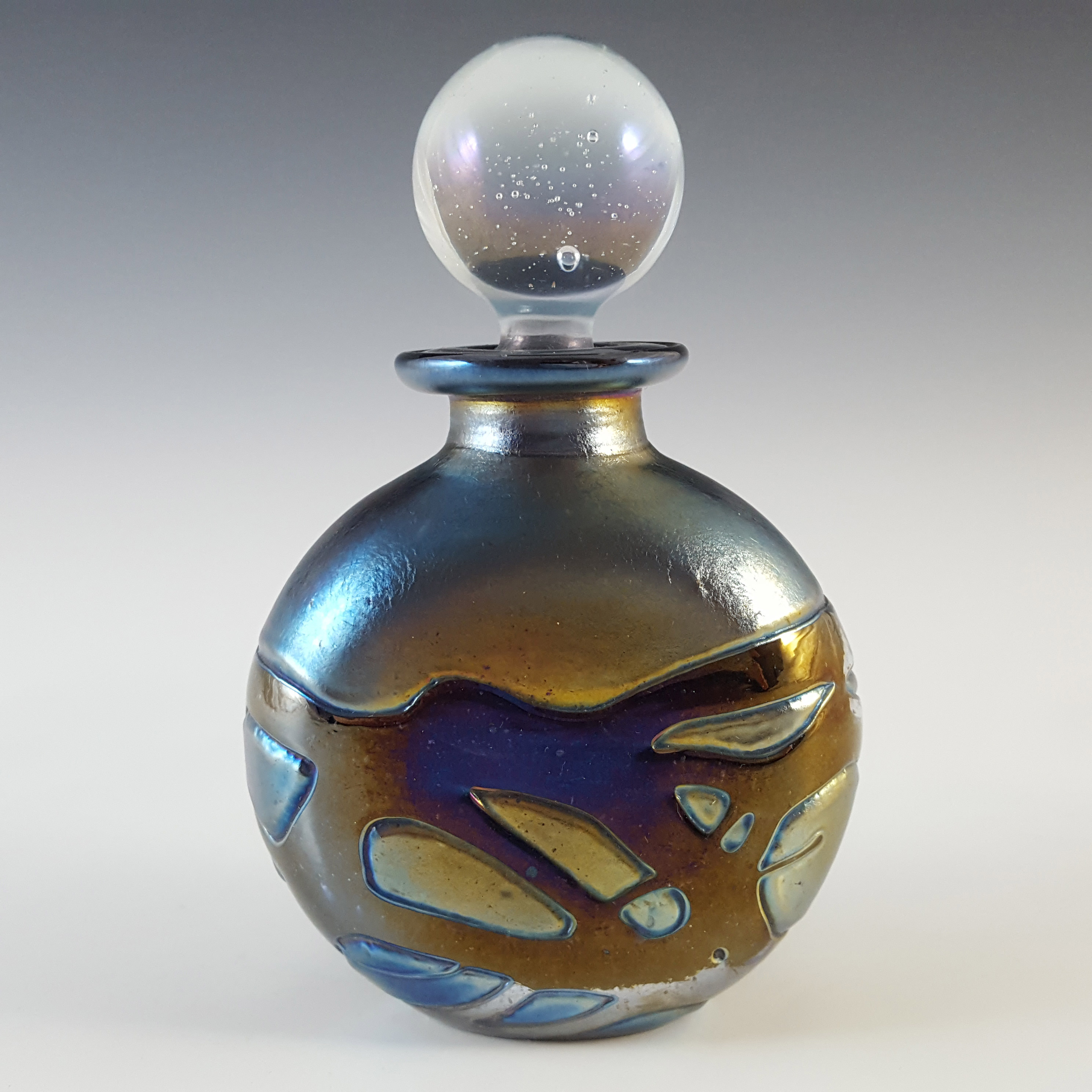 (image for) SIGNED Phoenician Black & Blue Iridescent Glass Perfume Bottle - Click Image to Close