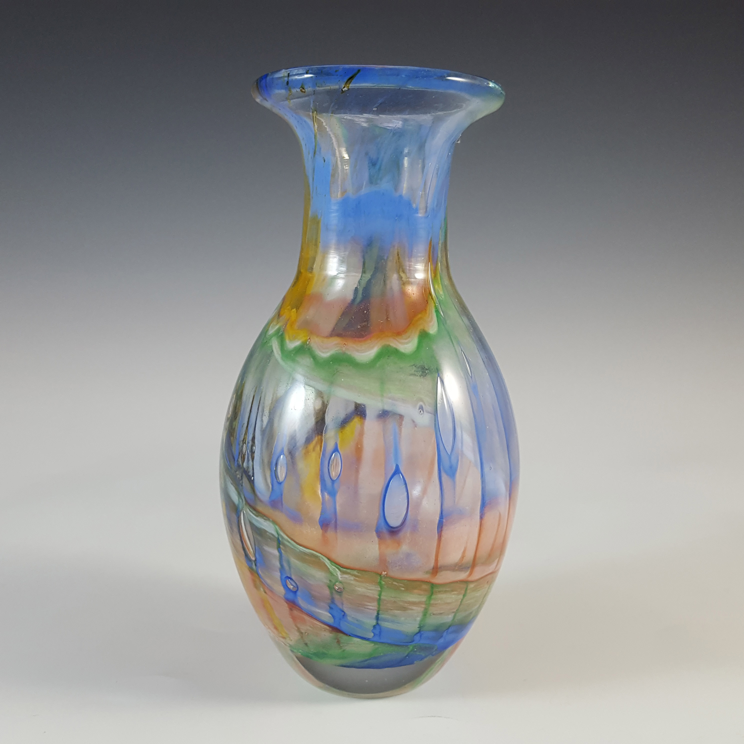 SIGNED & LABELLED Phoenician Streaky Multicoloured Glass Vase - Click Image to Close