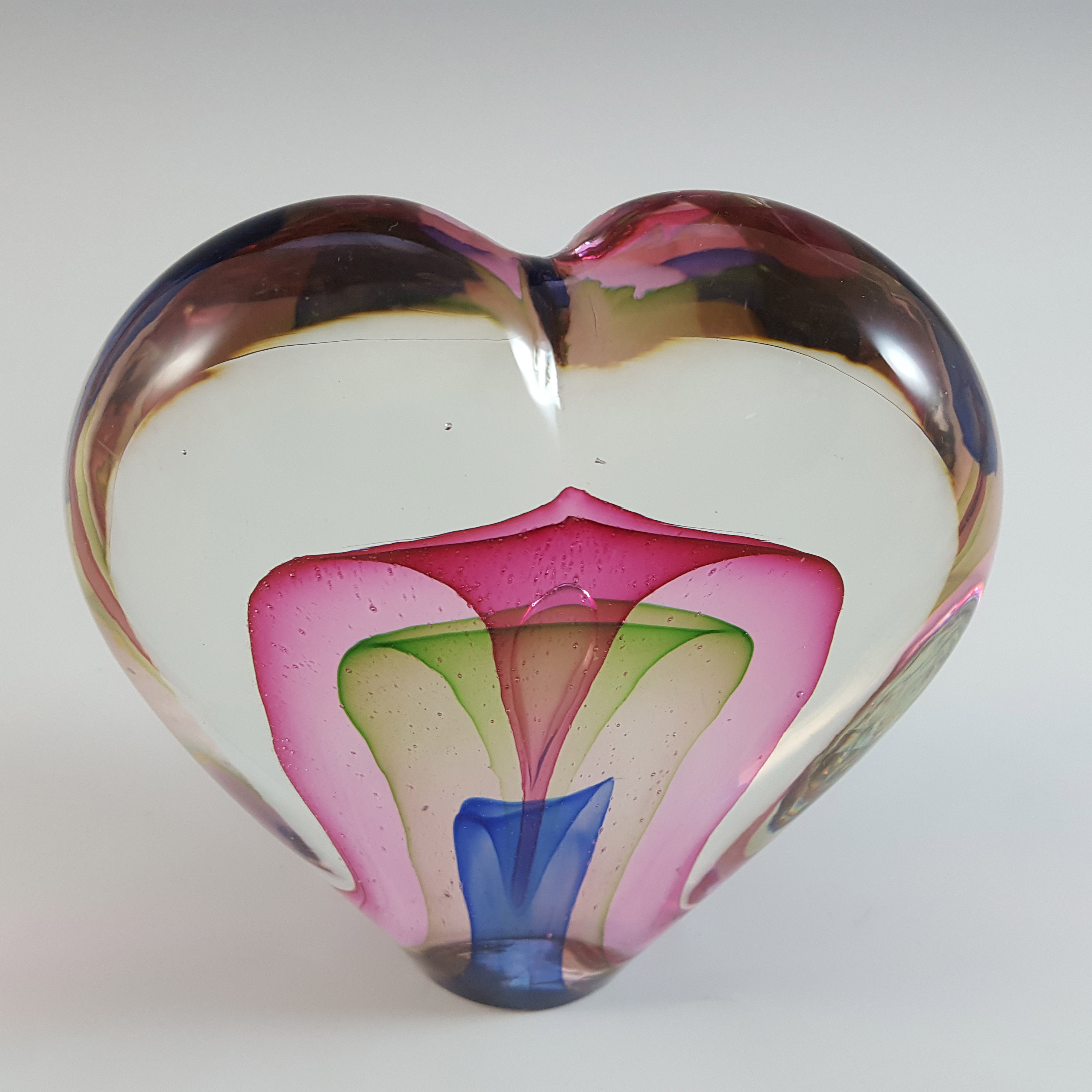 (image for) Chinese Murano Style Pink, Green & Blue Sommerso Glass Heart Paperweight - Click Image to Close