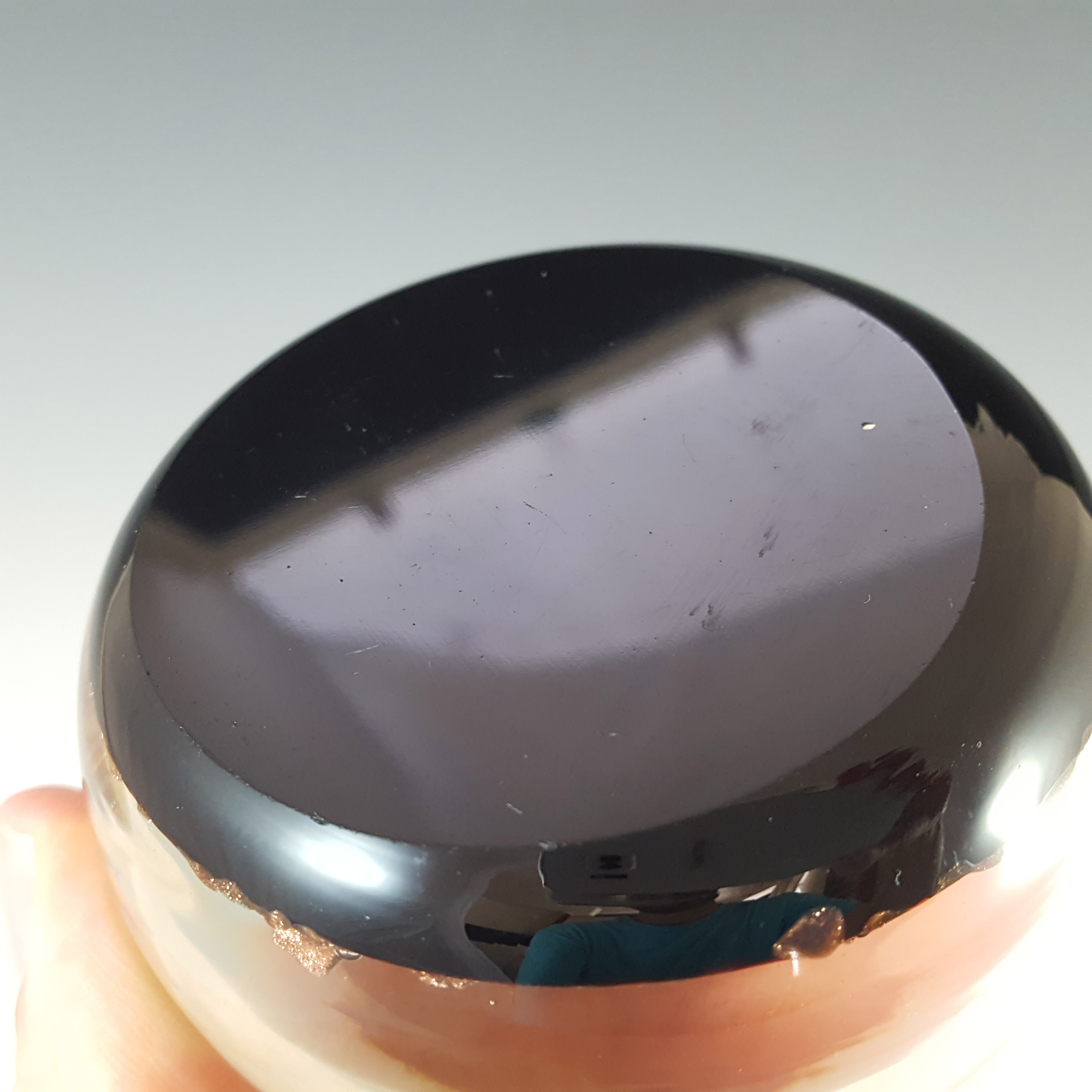 Ferro & Lazzarini Murano Black & Aventurine Glass Paperweight - Click Image to Close