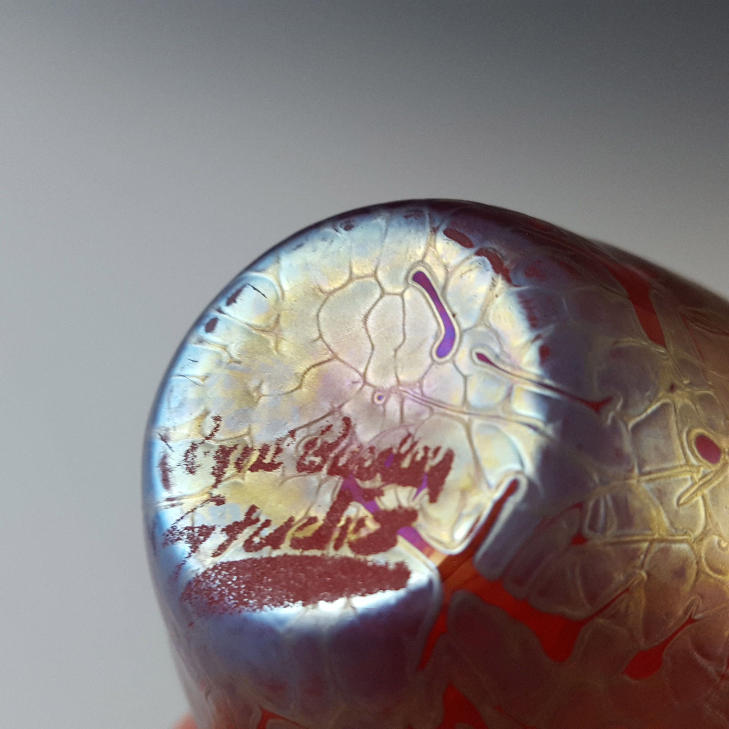 (image for) MARKED Royal Brierley Iridescent Red Glass 'Studio' Vase - Click Image to Close
