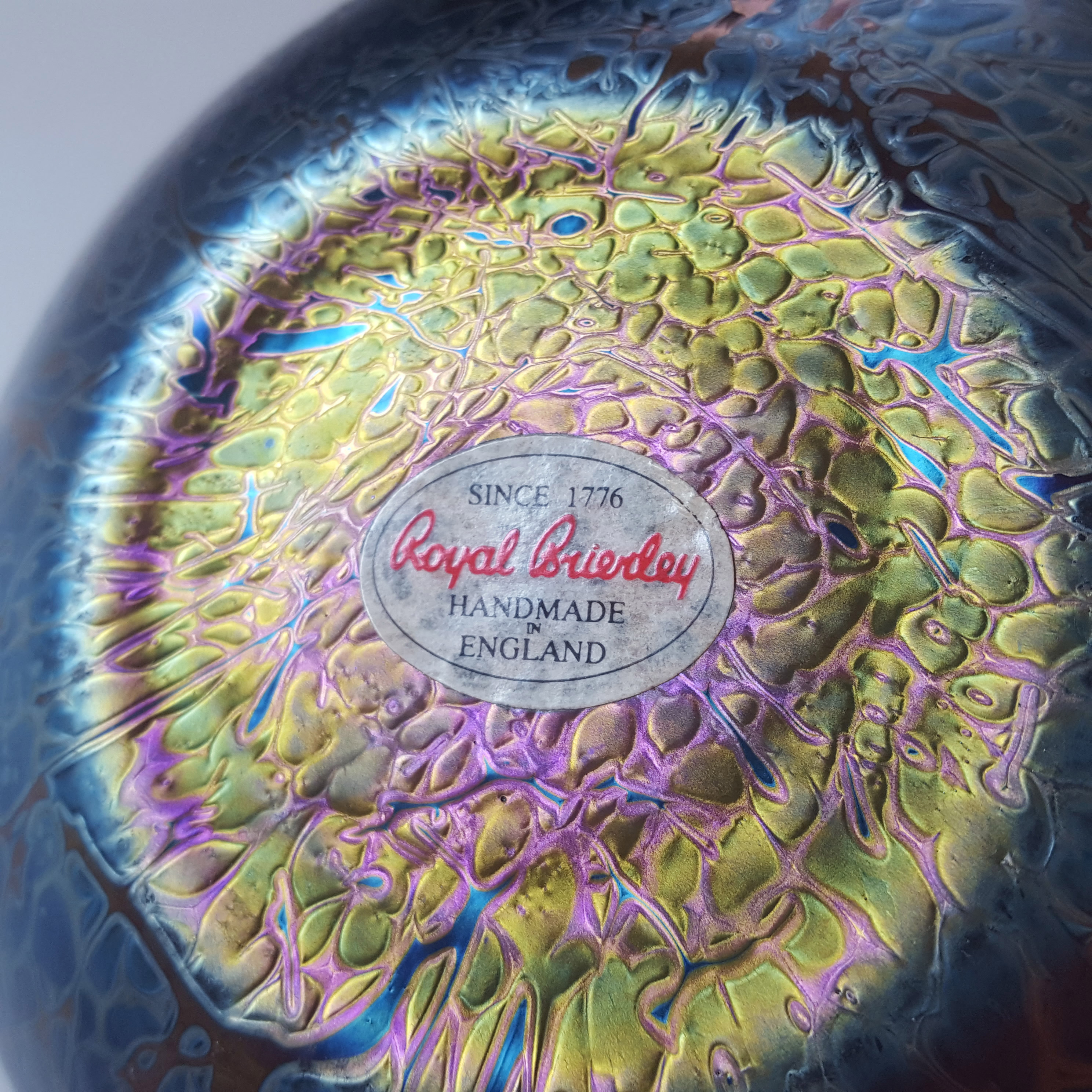 (image for) LABELLED Royal Brierley Large Iridescent Black Glass 'Studio' Vase - Click Image to Close