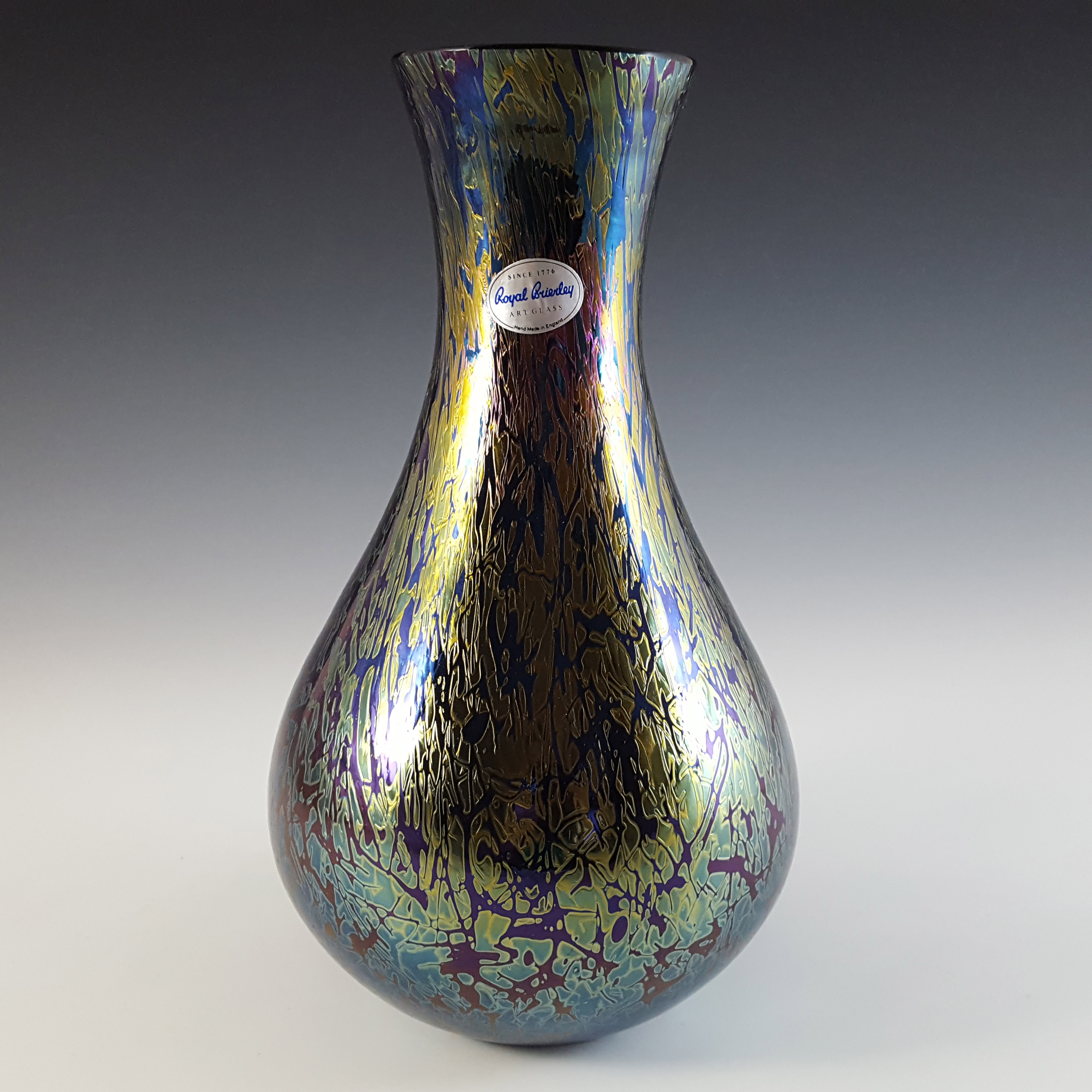 (image for) LARGE Royal Brierley Iridescent Black Glass 'Studio' Vase - Click Image to Close