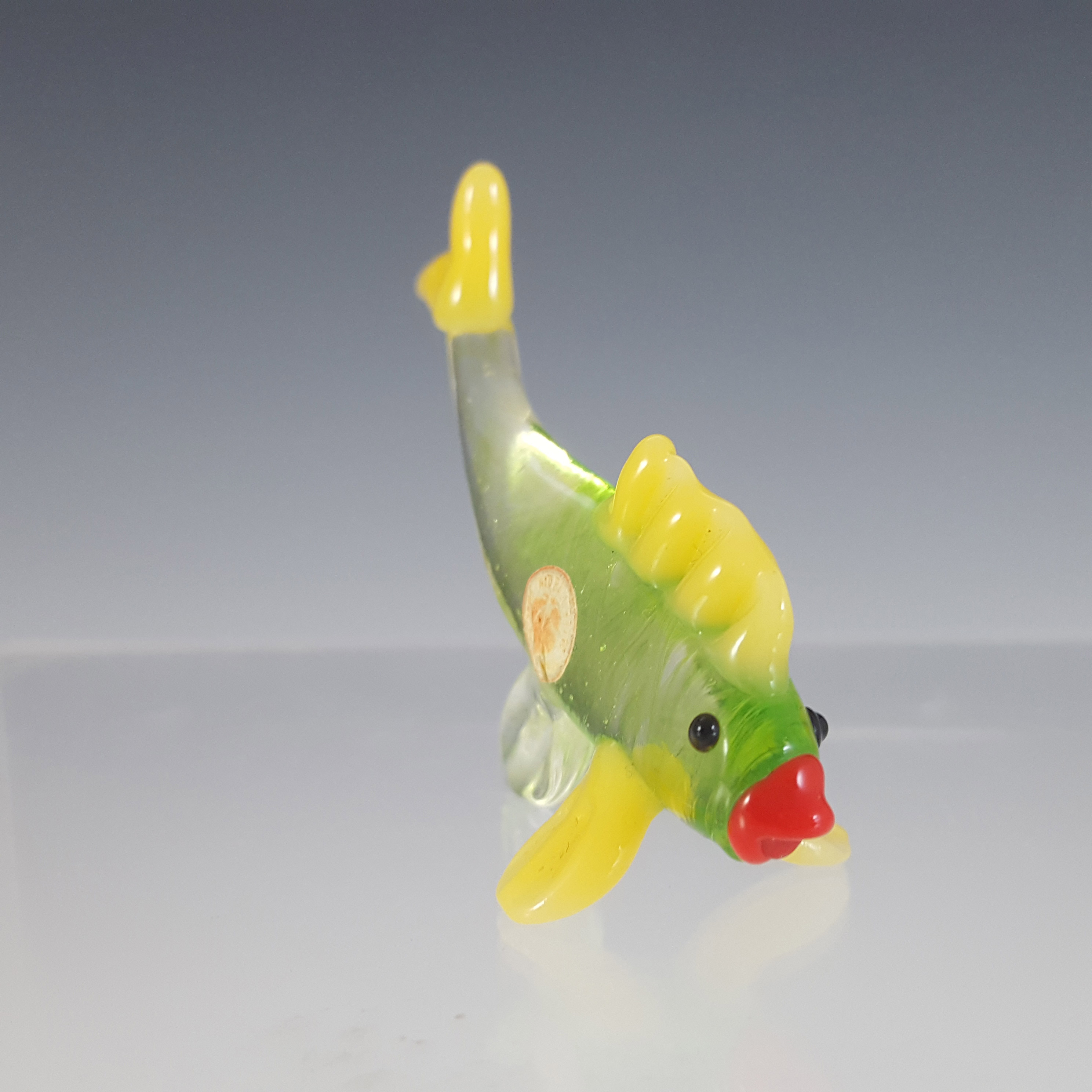 (image for) Japanese Lampworked Glass Penguin, Cat & Fish - Red Ball Label - Click Image to Close