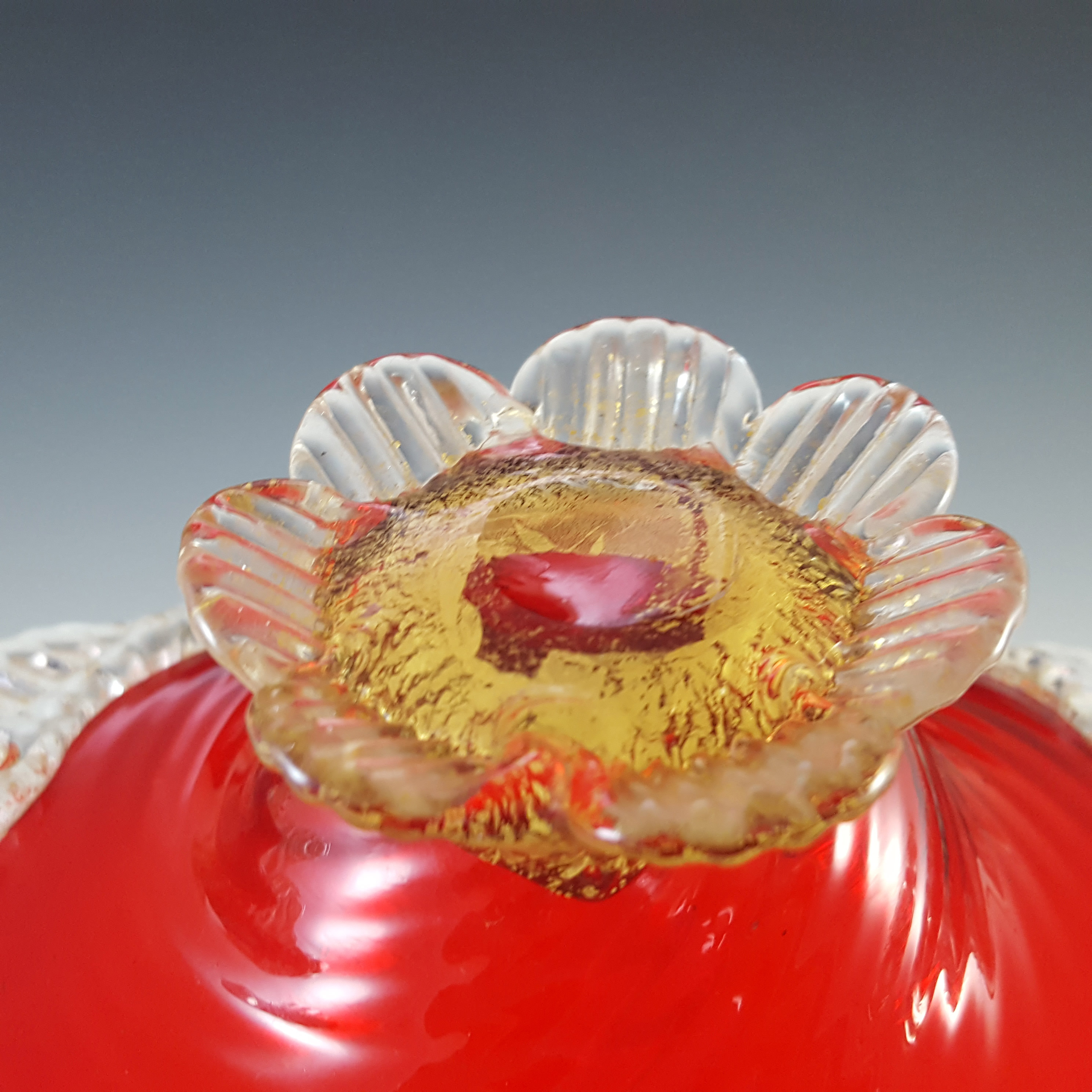 Murano / Venetian Red Glass & Gold Leaf Vintage Basket Bowl - Click Image to Close