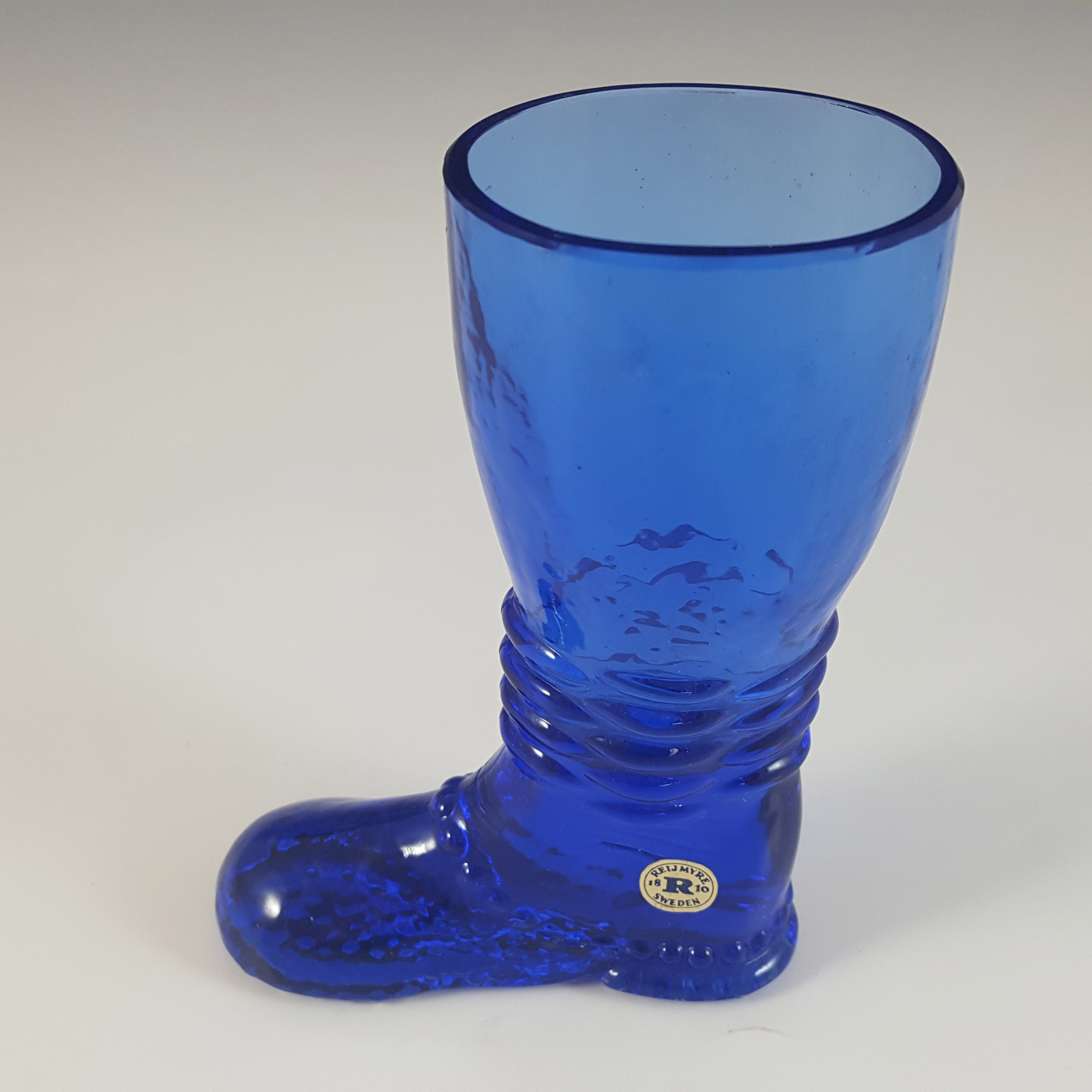 (image for) LABELLED Reijmyre Swedish Blue Textured Glass Boot Vase - Click Image to Close