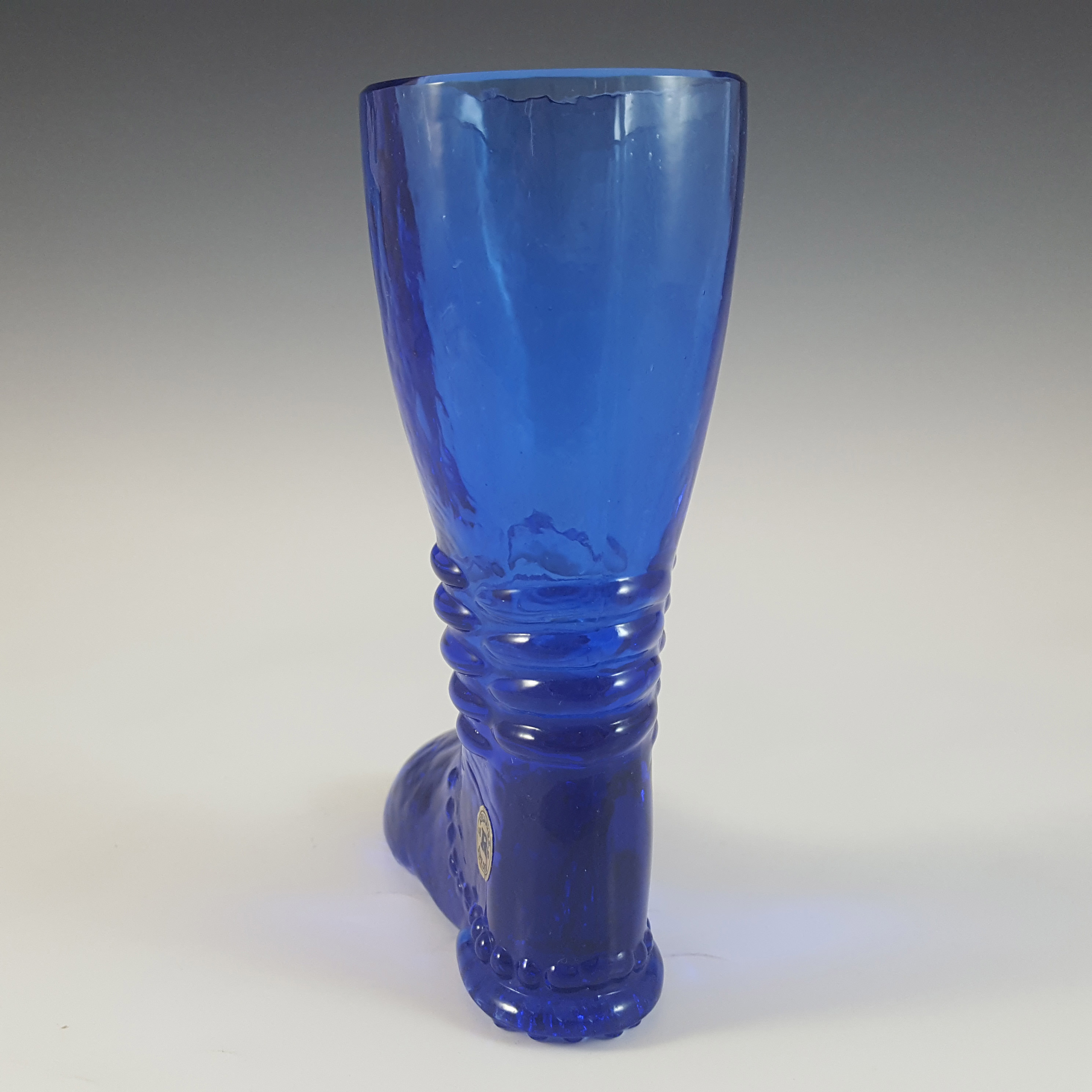 LABELLED Reijmyre Swedish Blue Textured Glass Boot Vase - Click Image to Close