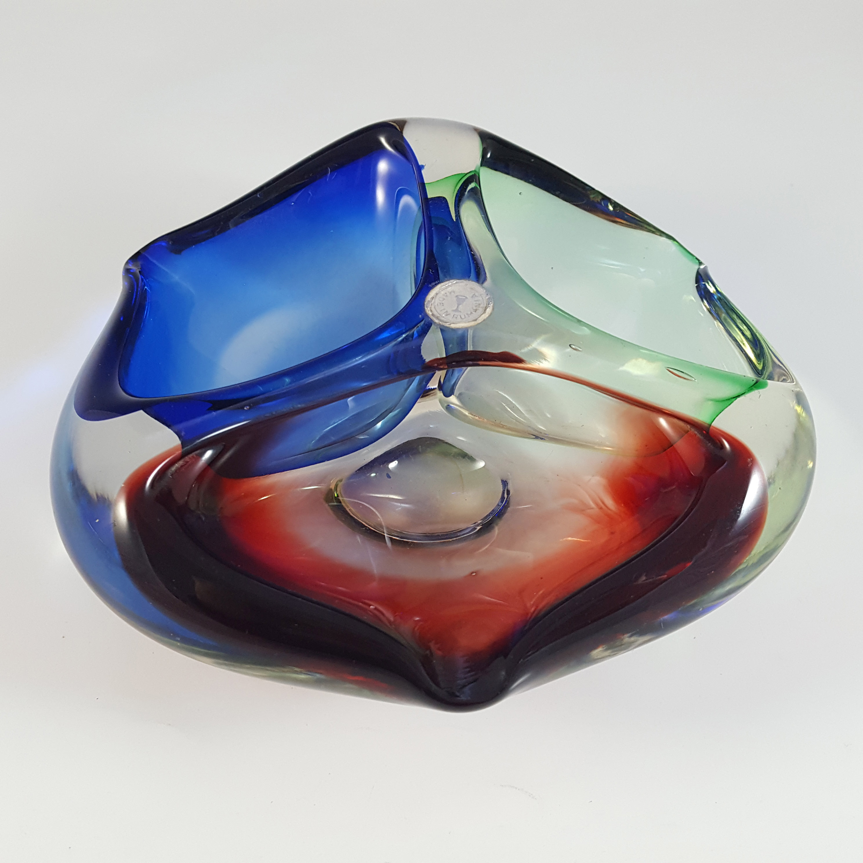(image for) LABELLED Romanian Vintage Blue, Green & Red Glass Ashtray Bowl - Click Image to Close