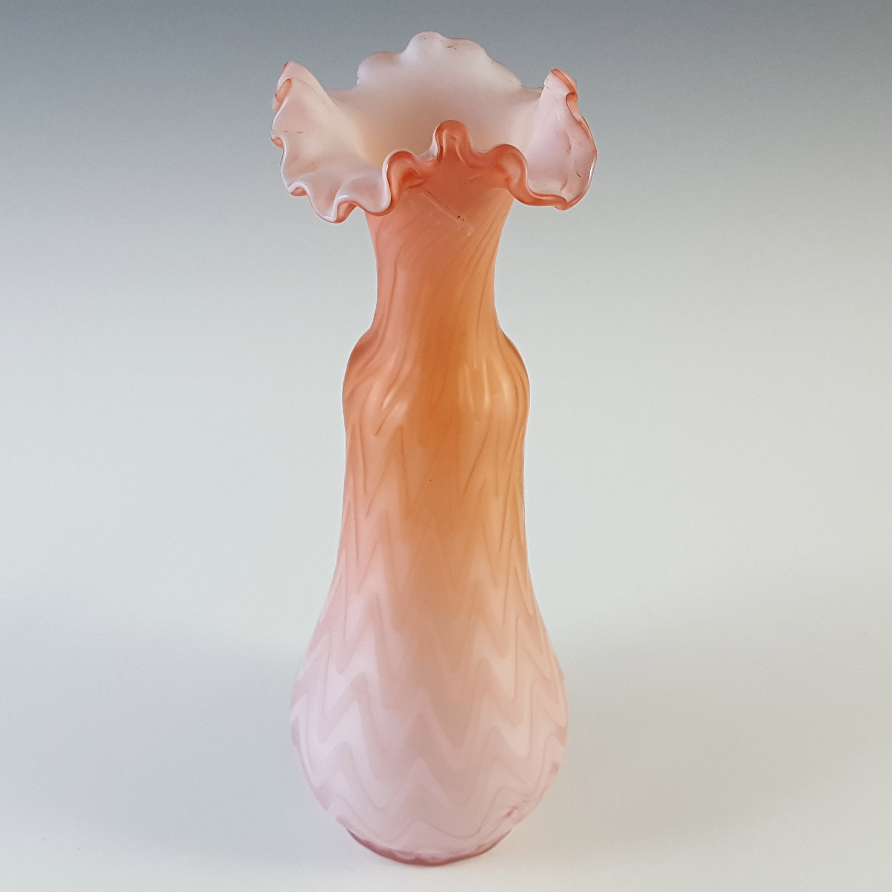 Victorian Satin Air Trap Peach & White Glass Antique Vase - Click Image to Close
