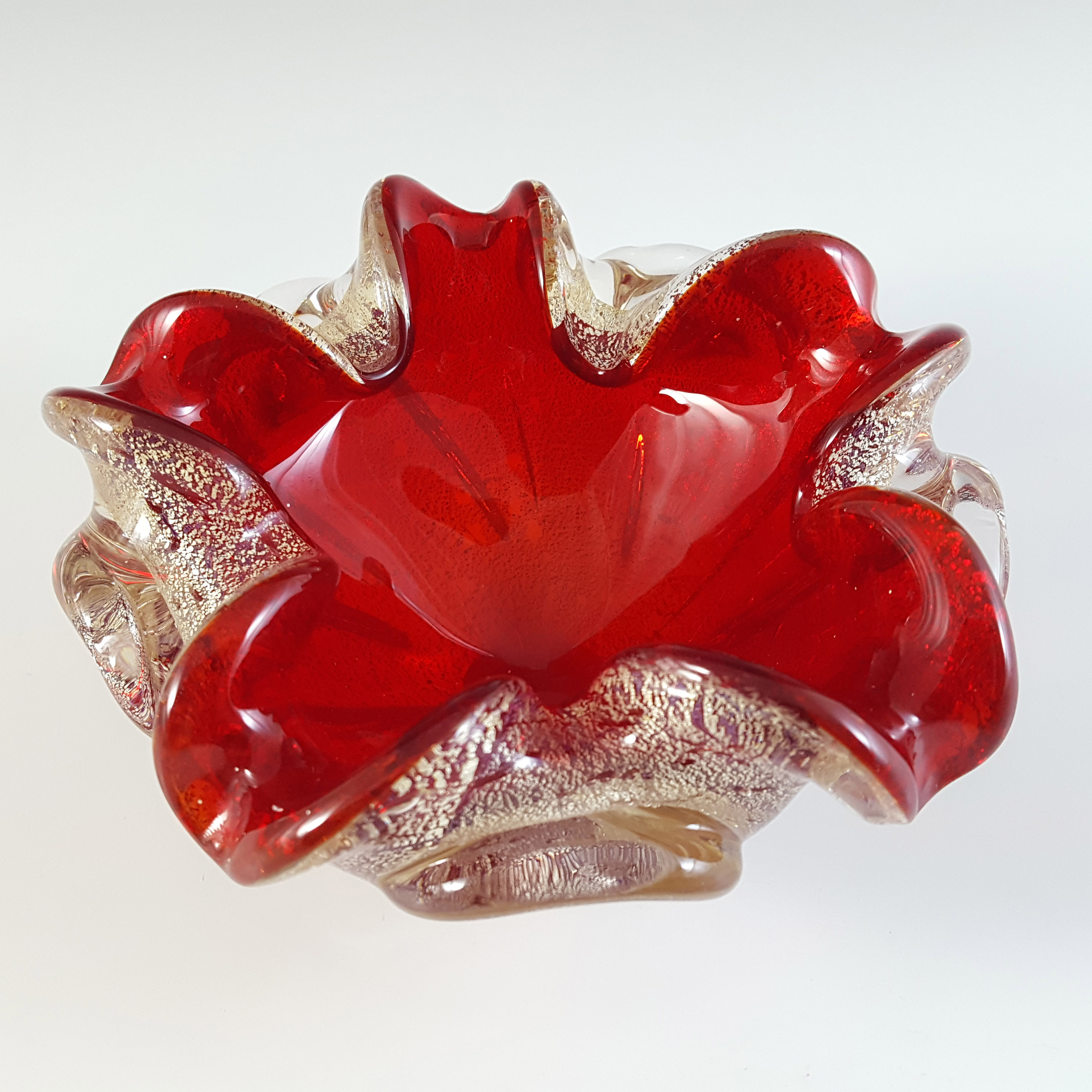 (image for) Murano Venetian Red Glass & Silver Leaf Bowl / Ashtray - Click Image to Close