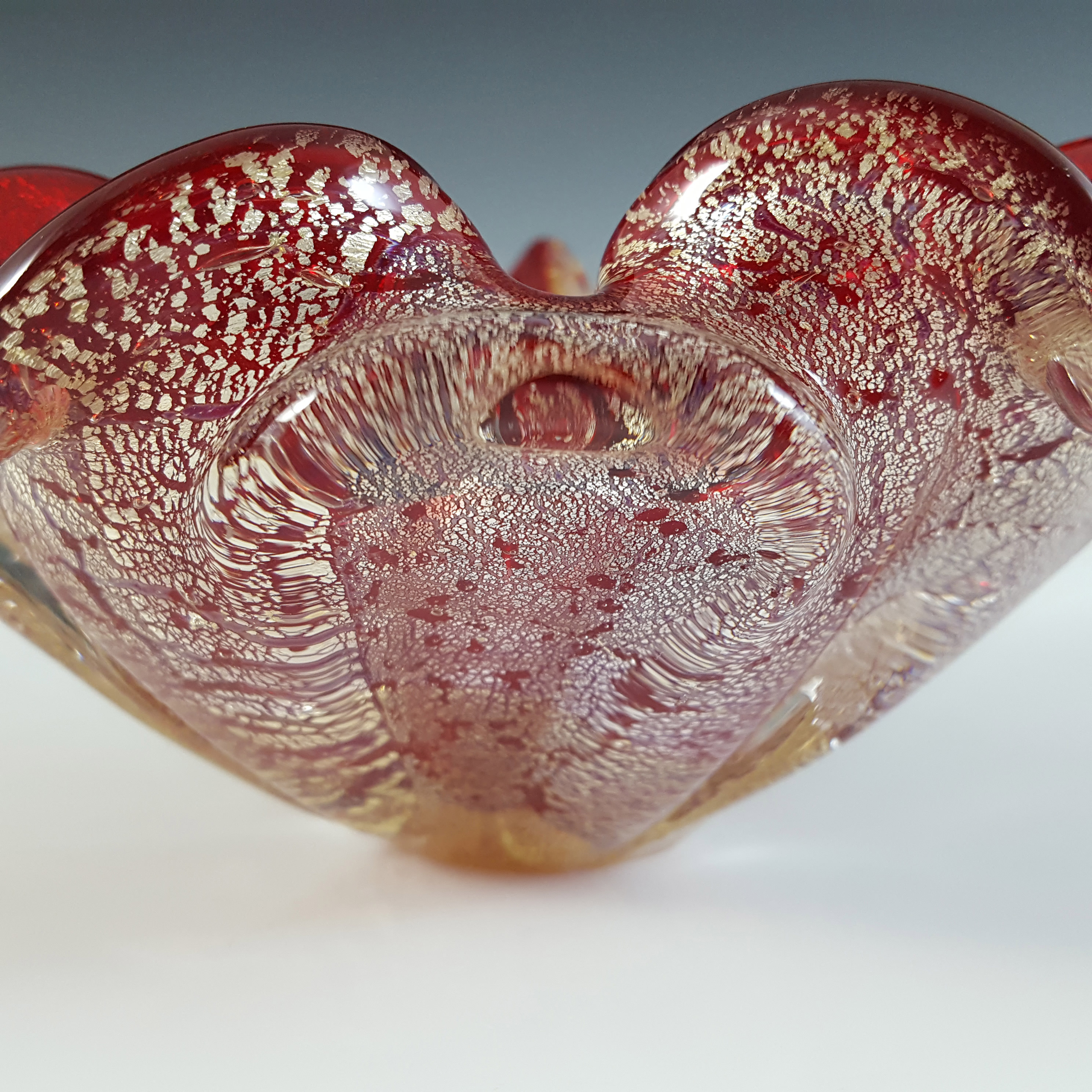 Murano Venetian Red Glass & Silver Leaf Bowl / Ashtray - Click Image to Close