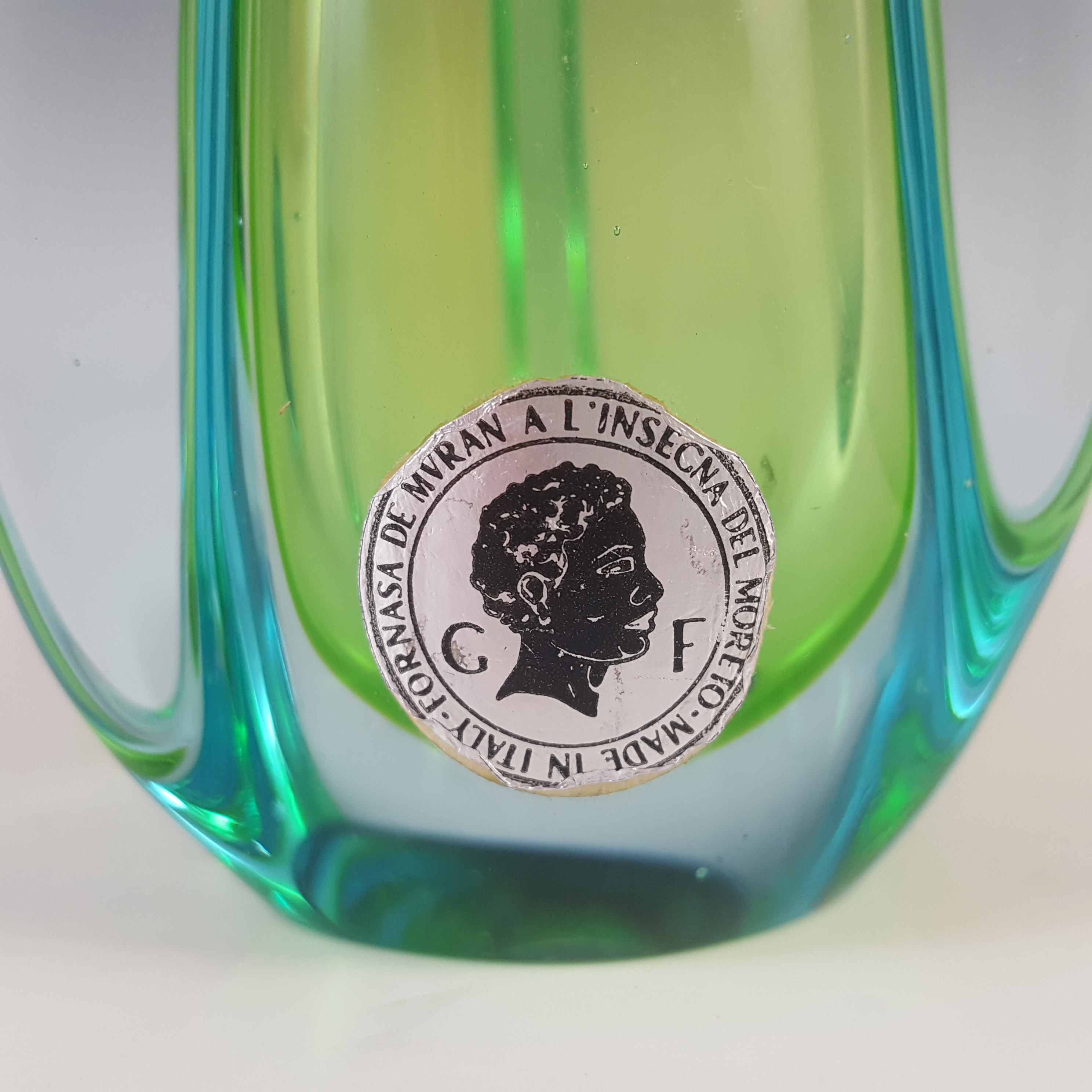 LABELLED Galliano Ferro Murano Green & Blue Sommerso Glass Stem Vase - Click Image to Close
