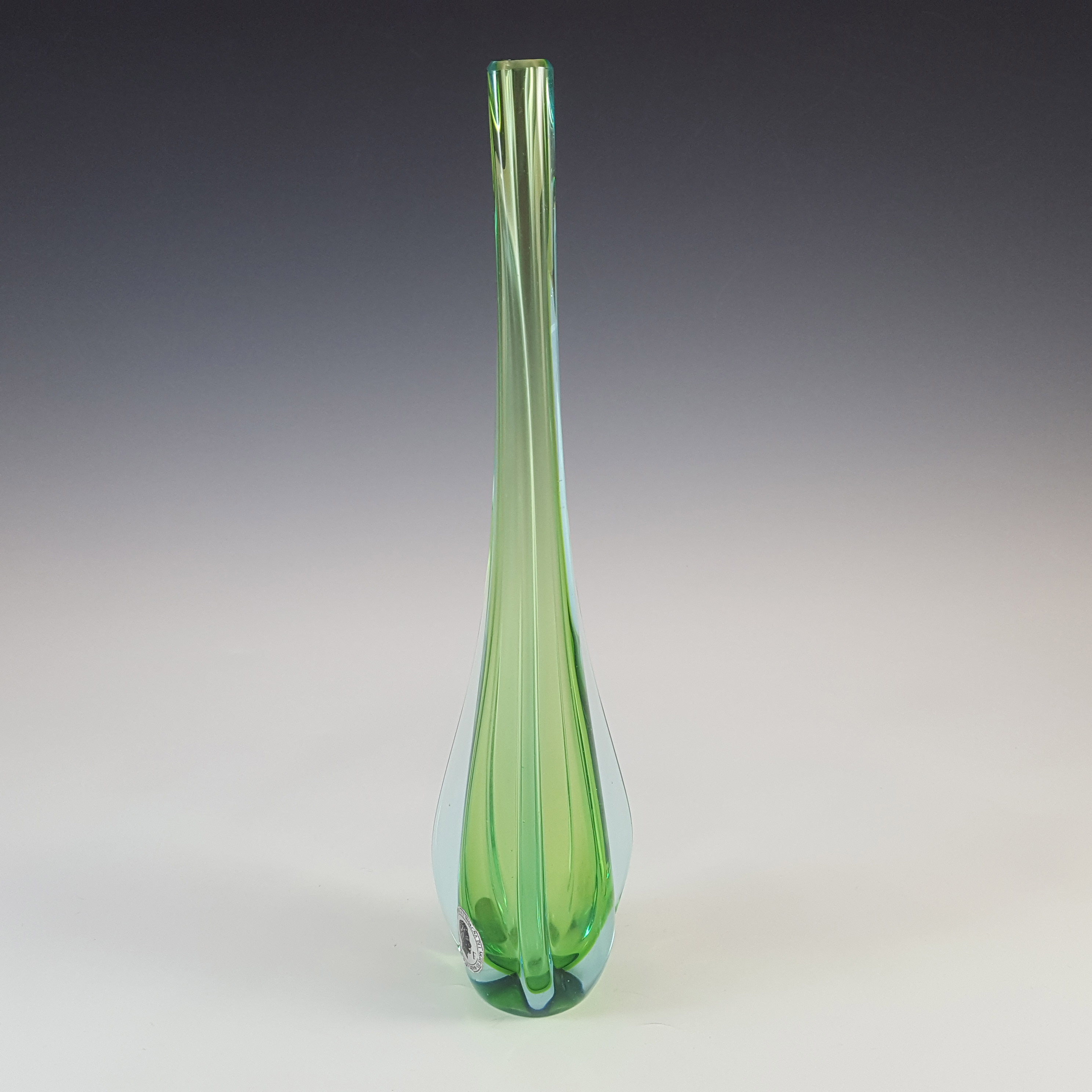 LABELLED Galliano Ferro Murano Green & Blue Sommerso Glass Stem Vase - Click Image to Close