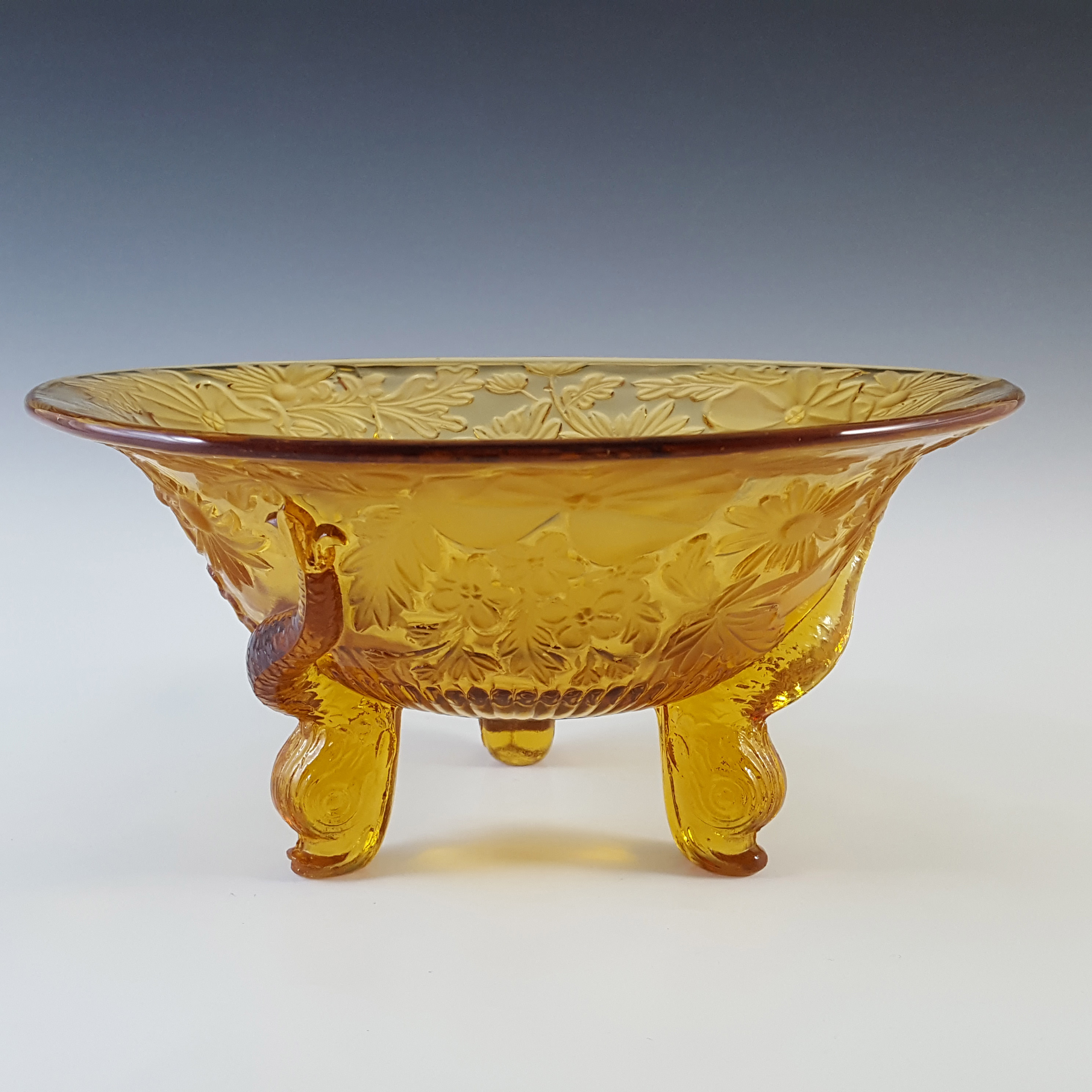 (image for) Sowerby #1544 Art Deco Amber Glass 'Diving Dolphins' Bowl - Click Image to Close