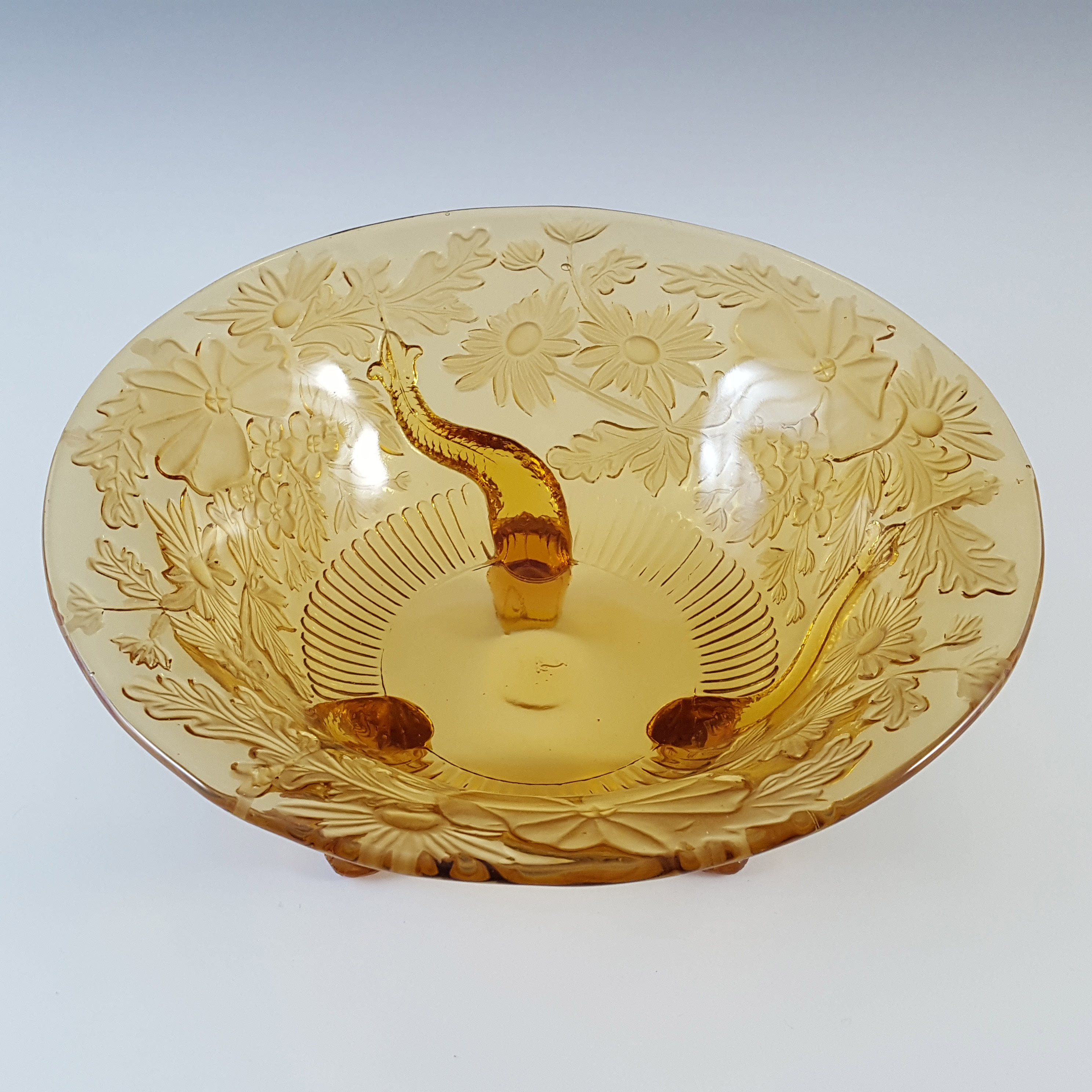 (image for) Sowerby #1544 Art Deco Amber Glass 'Diving Dolphins' Bowl - Click Image to Close
