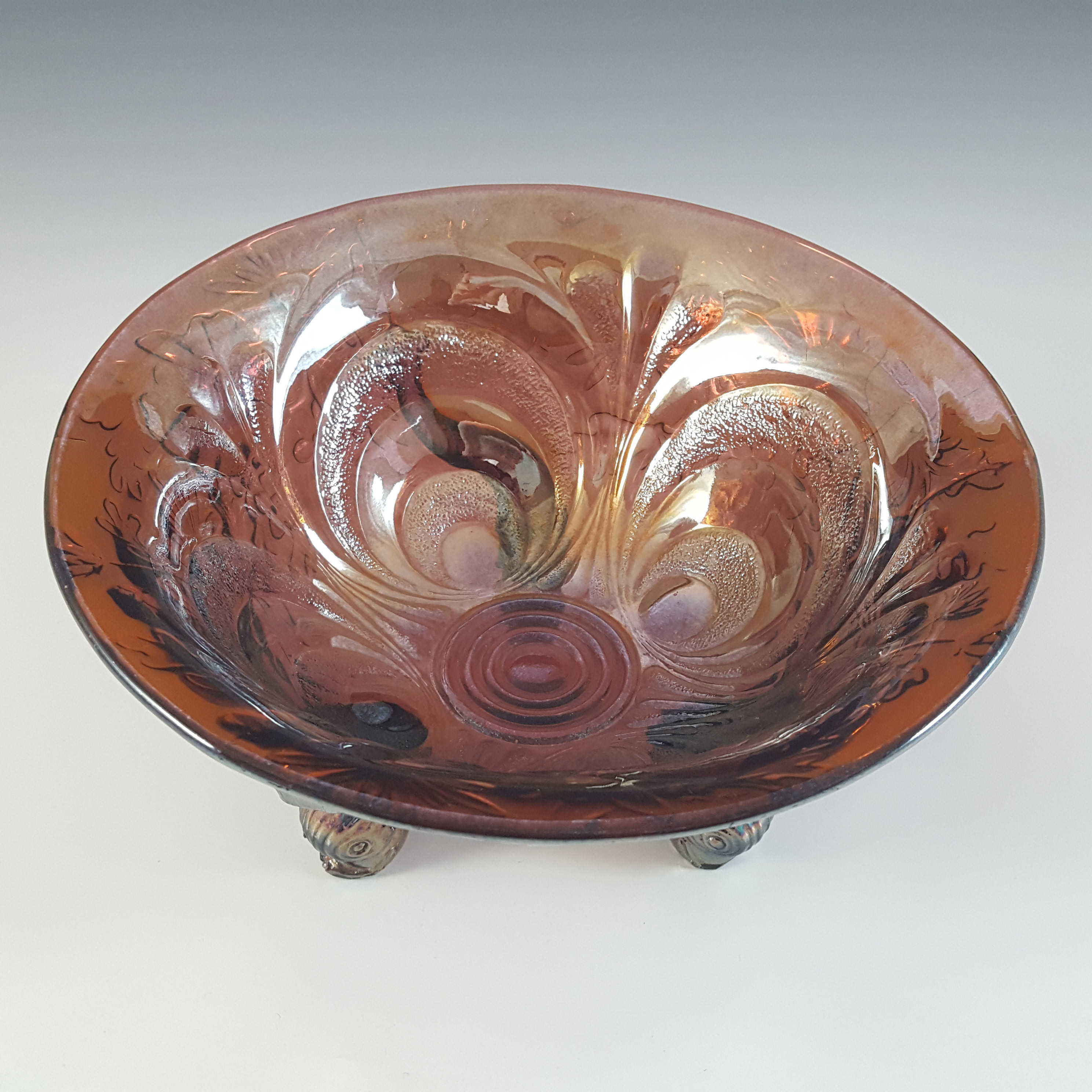 (image for) Sowerby #1544 1920's Iridescent Carnival Glass 'Dolphin' Bowl - Click Image to Close