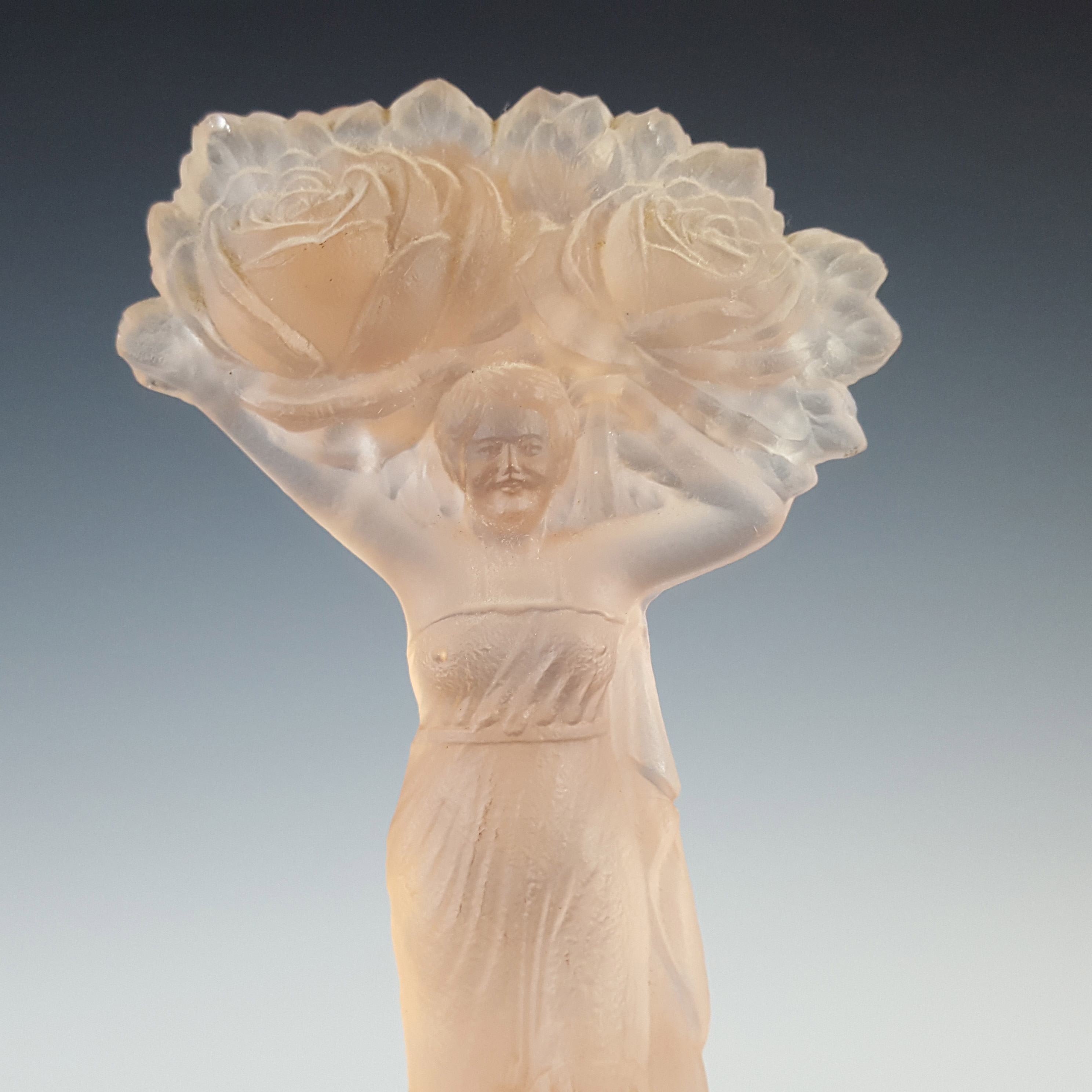 Sowerby Art Deco Frosted Pink Glass Lady & Roses Figurine - Click Image to Close