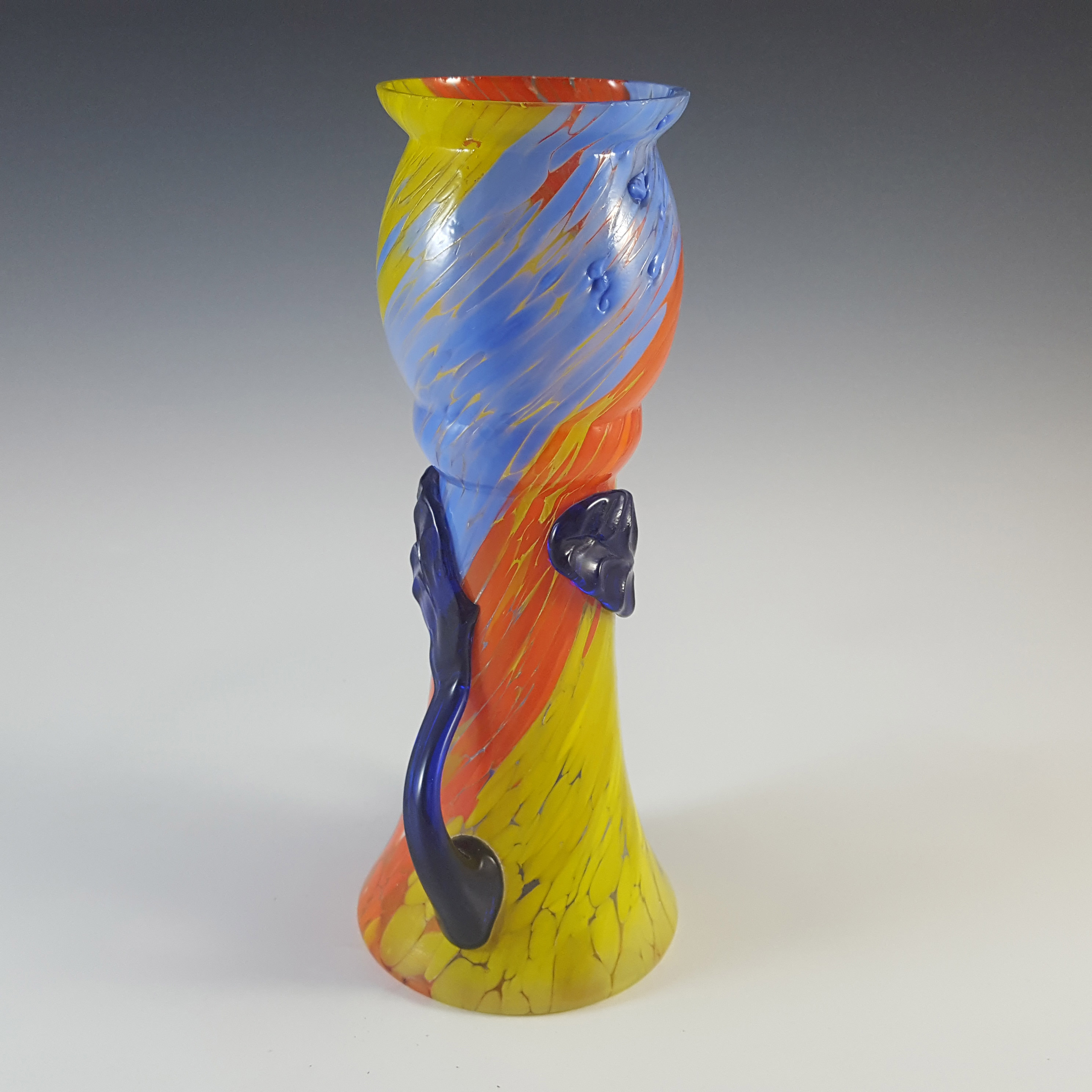 Czech Vintage Blue, Orange & Yellow Spatter Glass Vase - Click Image to Close