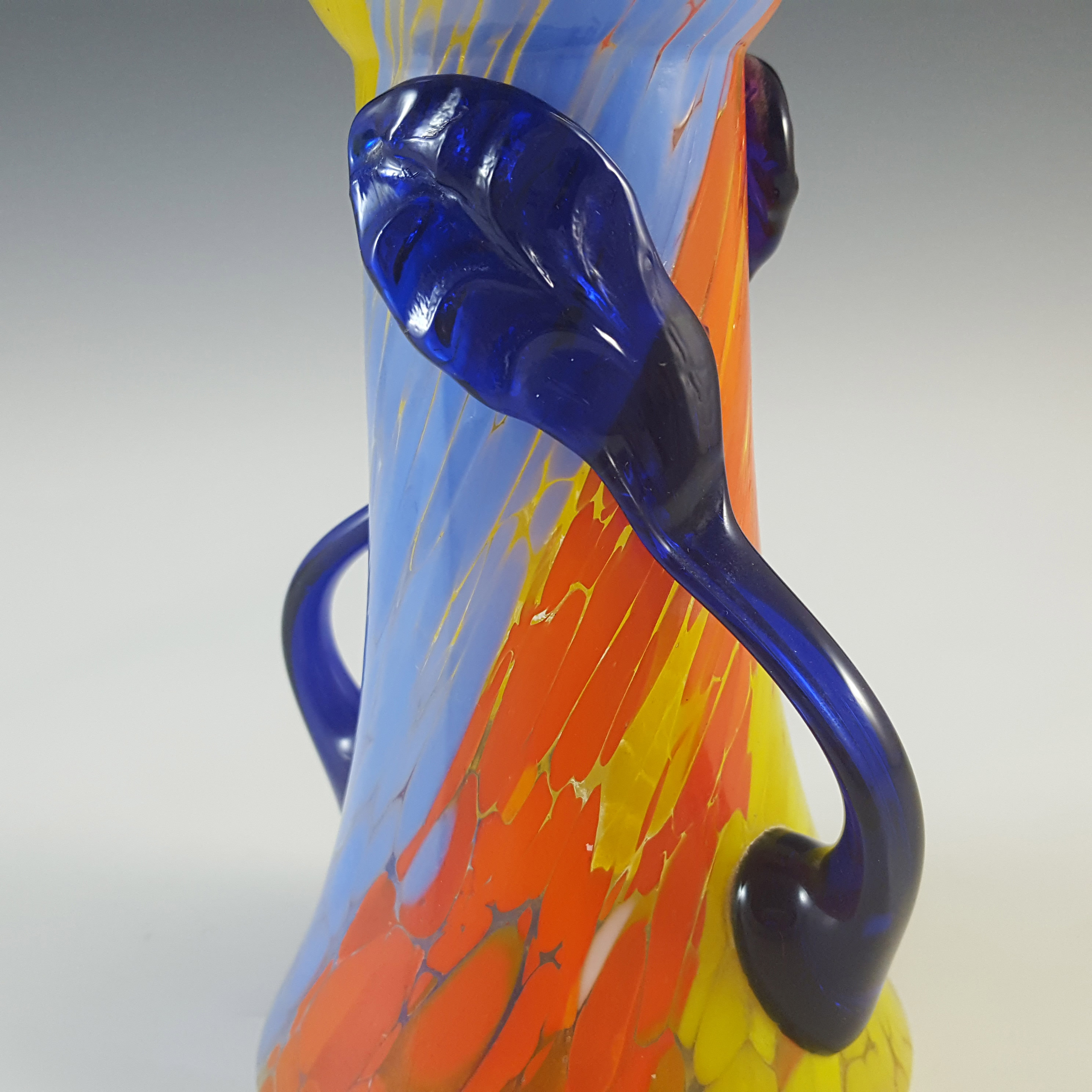 Czech Vintage Blue, Orange & Yellow Spatter Glass Vase - Click Image to Close