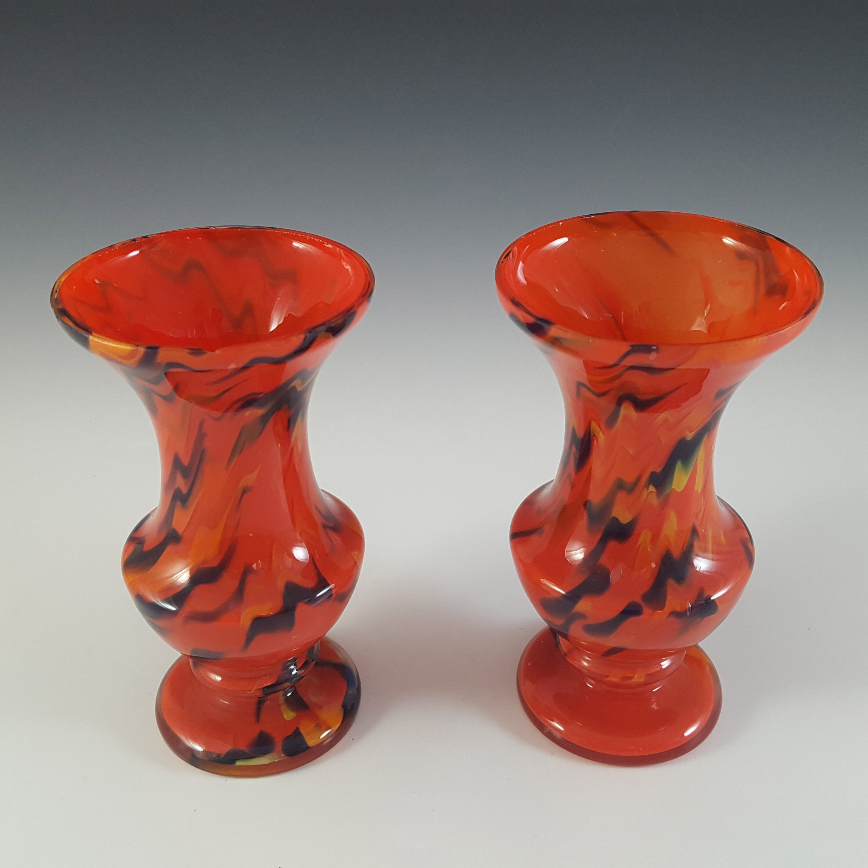 (image for) Czech Pair of Red, Orange & Black Art Deco Spatter Glass Vases - Click Image to Close
