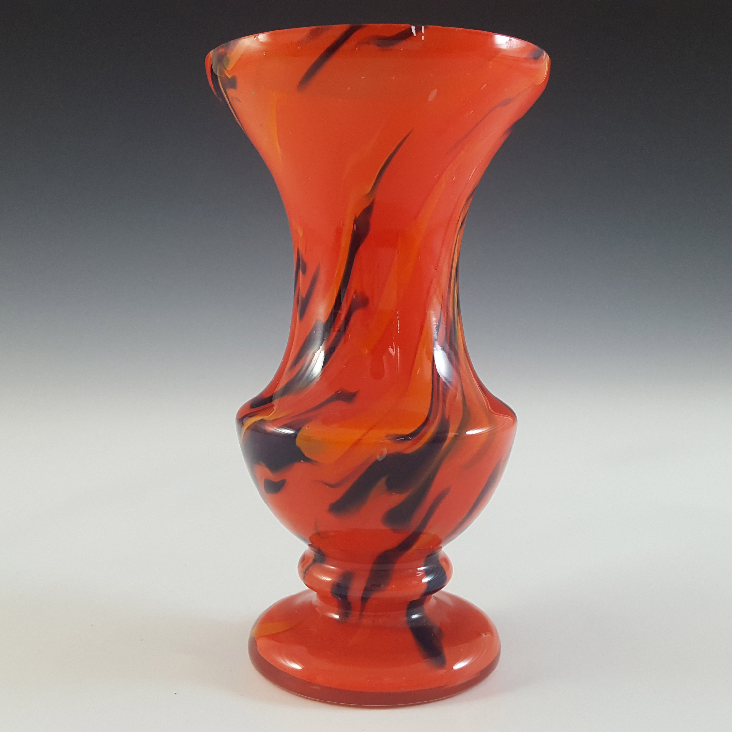 Czech Pair of Red, Orange & Black Art Deco Spatter Glass Vases - Click Image to Close