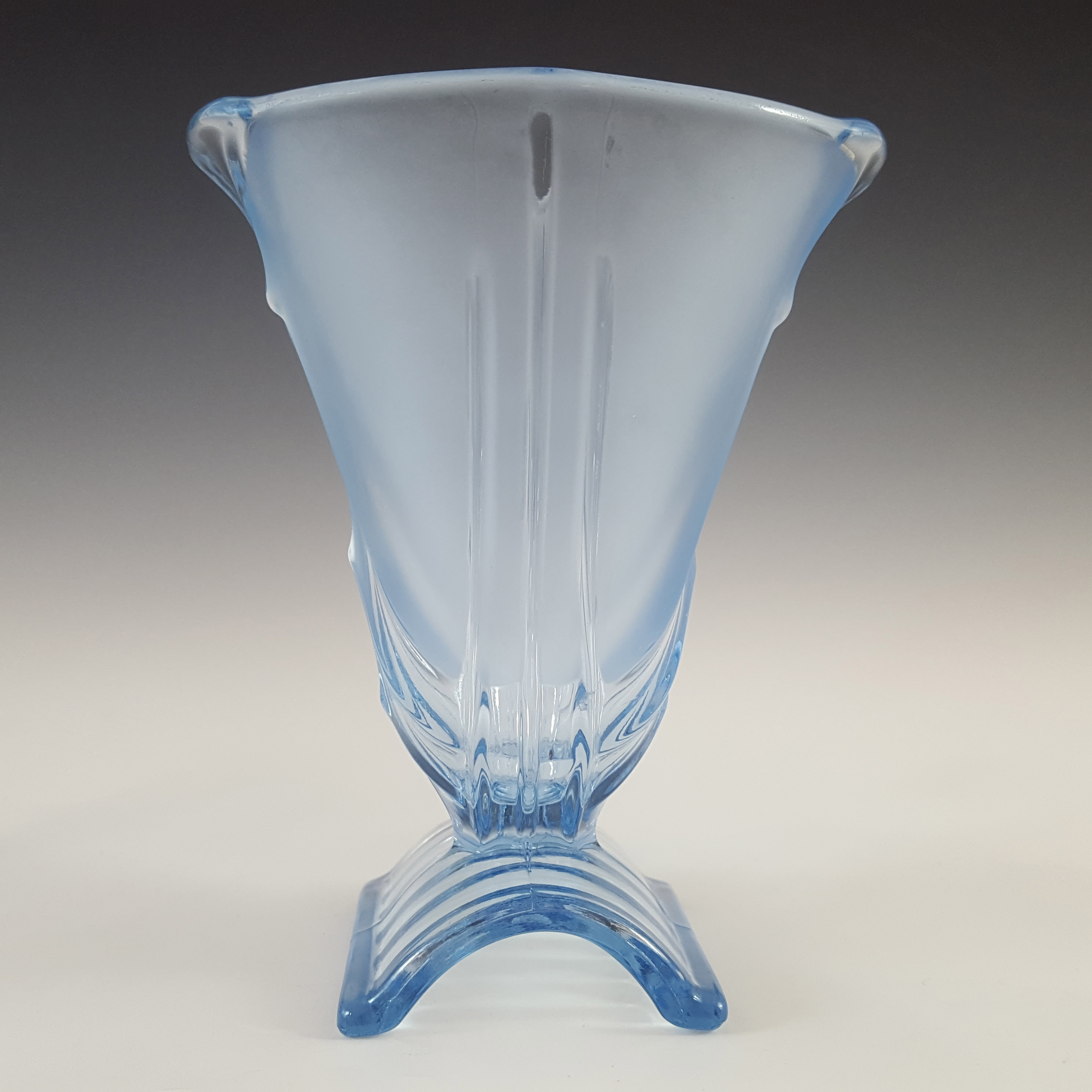 Stölzle Czech Art Deco 1930's Blue Glass Footed Vase - Click Image to Close