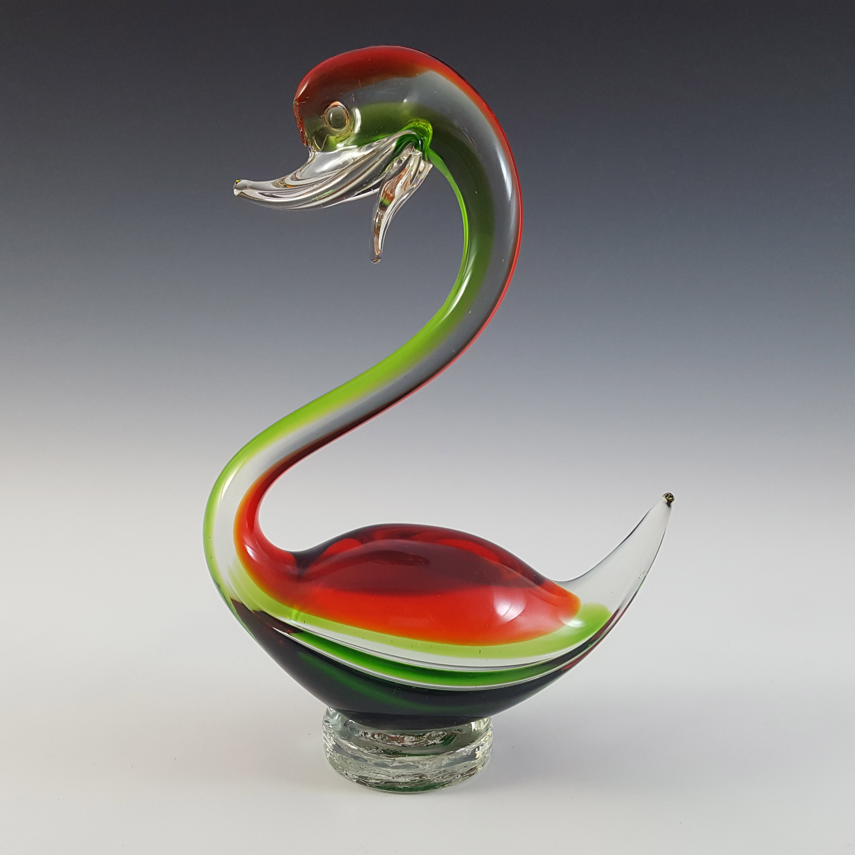 Murano Vintage Green & Red Venetian Glass Swan Figurine - Click Image to Close