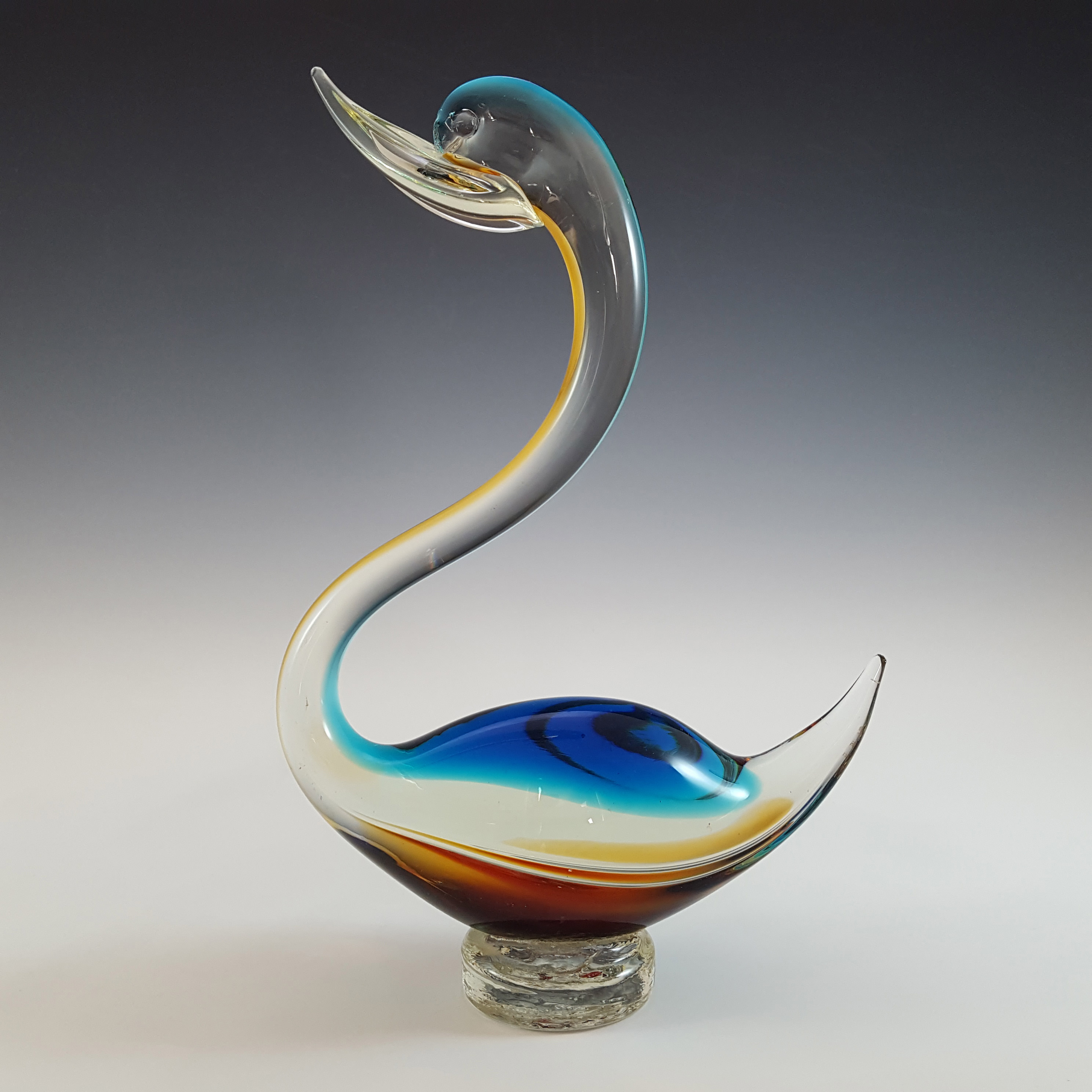 (image for) Murano Vintage Blue & Amber Sommerso Glass Swan Figurine - Click Image to Close