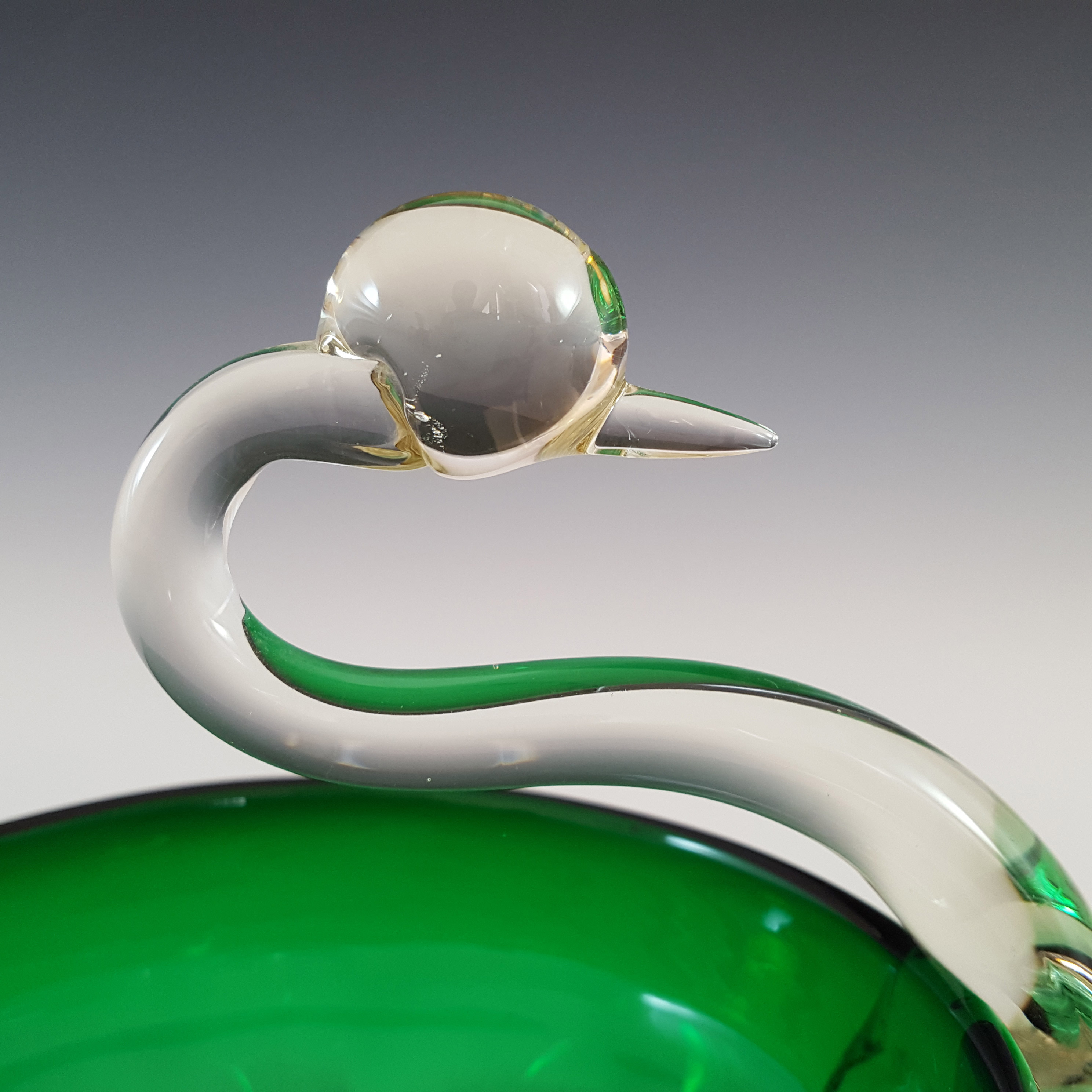 (image for) Japanese "Best Art Glass" Green & Clear Vintage Swan Bowl - Click Image to Close