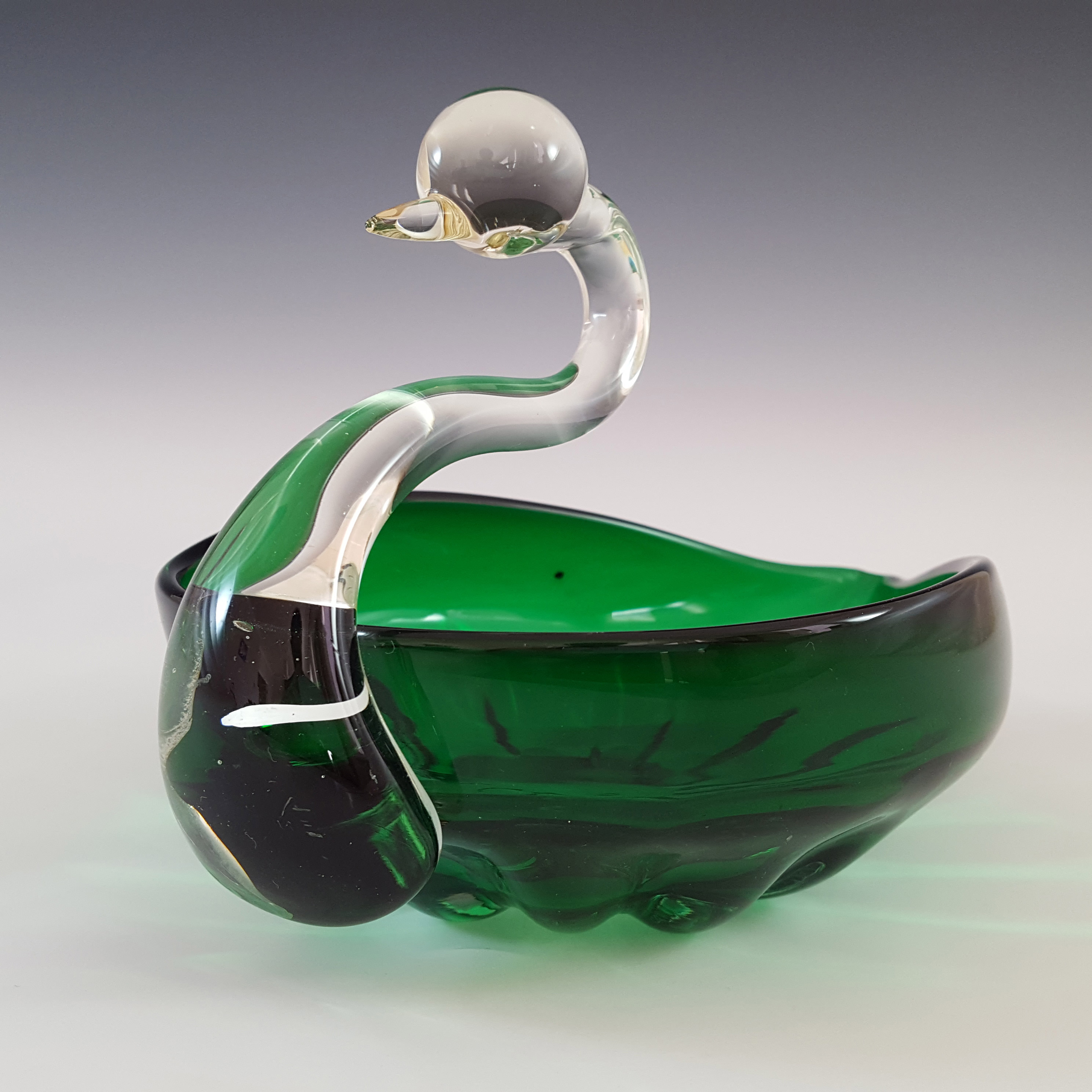 Japanese "Best Art Glass" Green & Clear Vintage Swan Bowl - Click Image to Close
