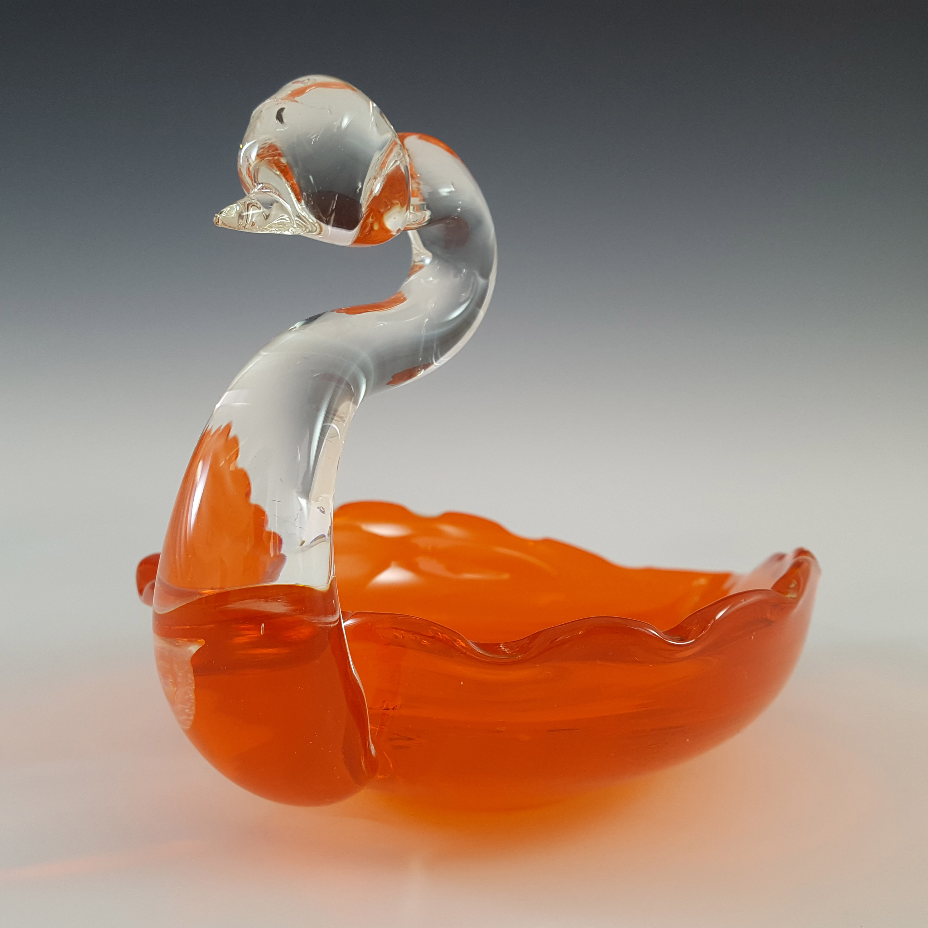 (image for) Japanese "Best Art Glass" Orange & Clear Vintage Swan Bowl - Click Image to Close