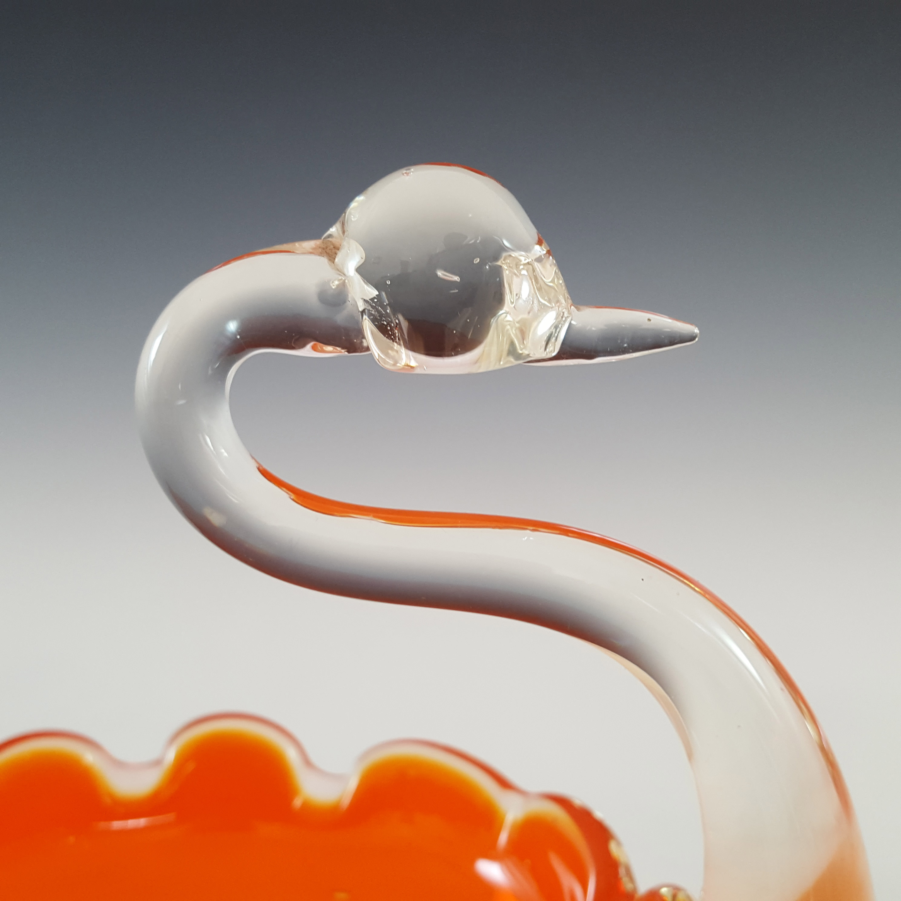 (image for) Japanese "Best Art Glass" Orange & Clear Retro Swan Bowl - Click Image to Close