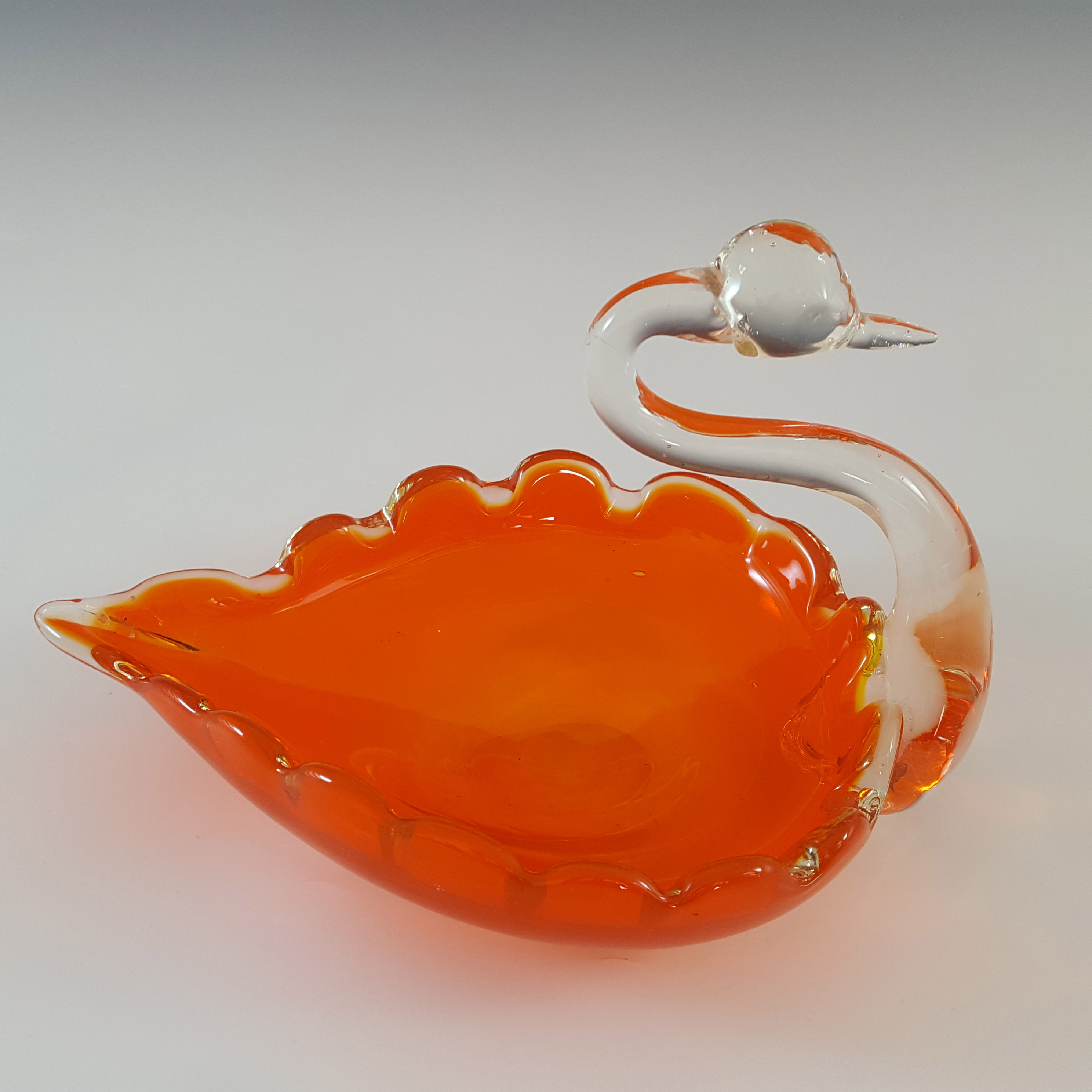 (image for) Japanese "Best Art Glass" Orange & Clear Retro Swan Bowl - Click Image to Close