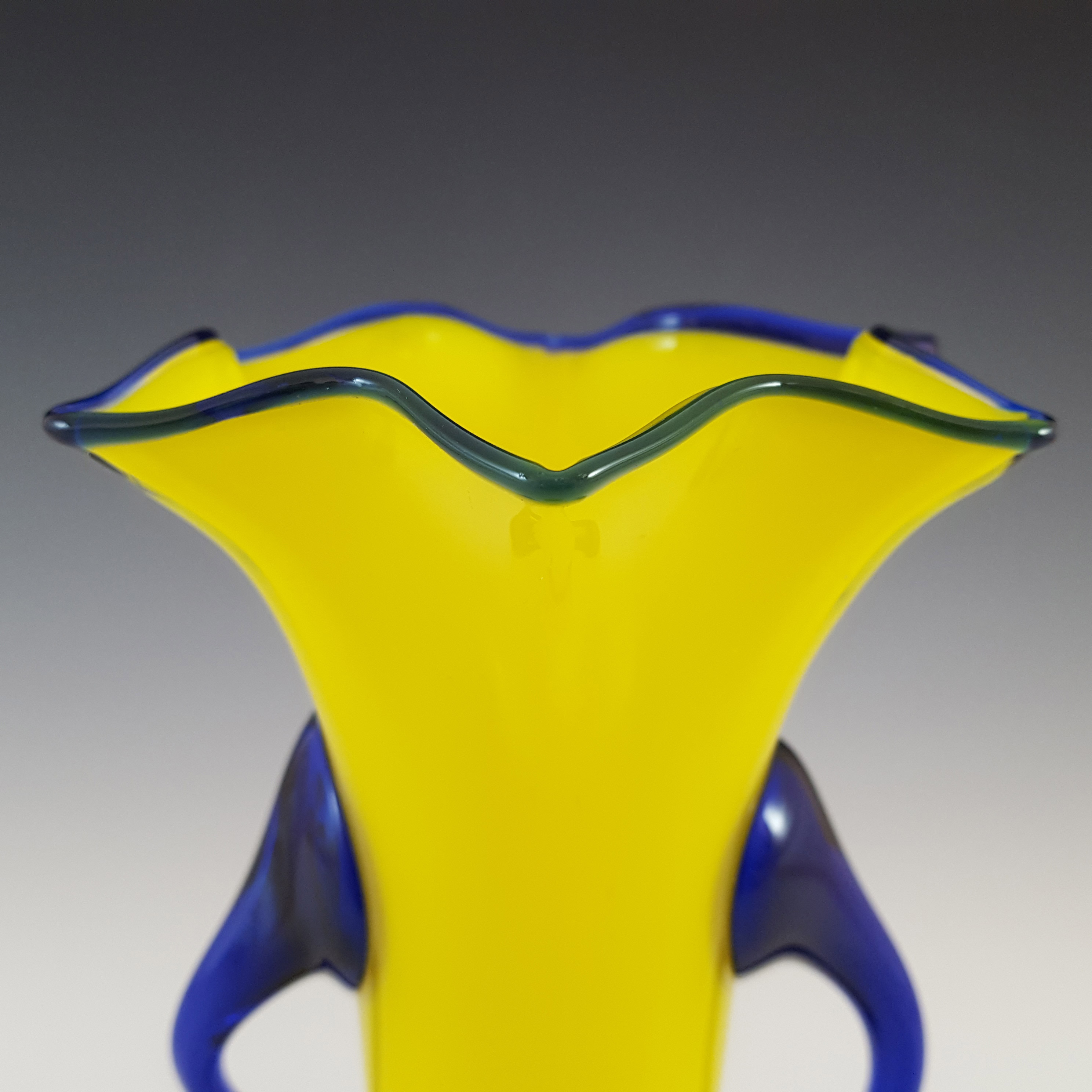 Czech / Bohemian 1930's Yellow & Blue Tango Glass Vase - Click Image to Close