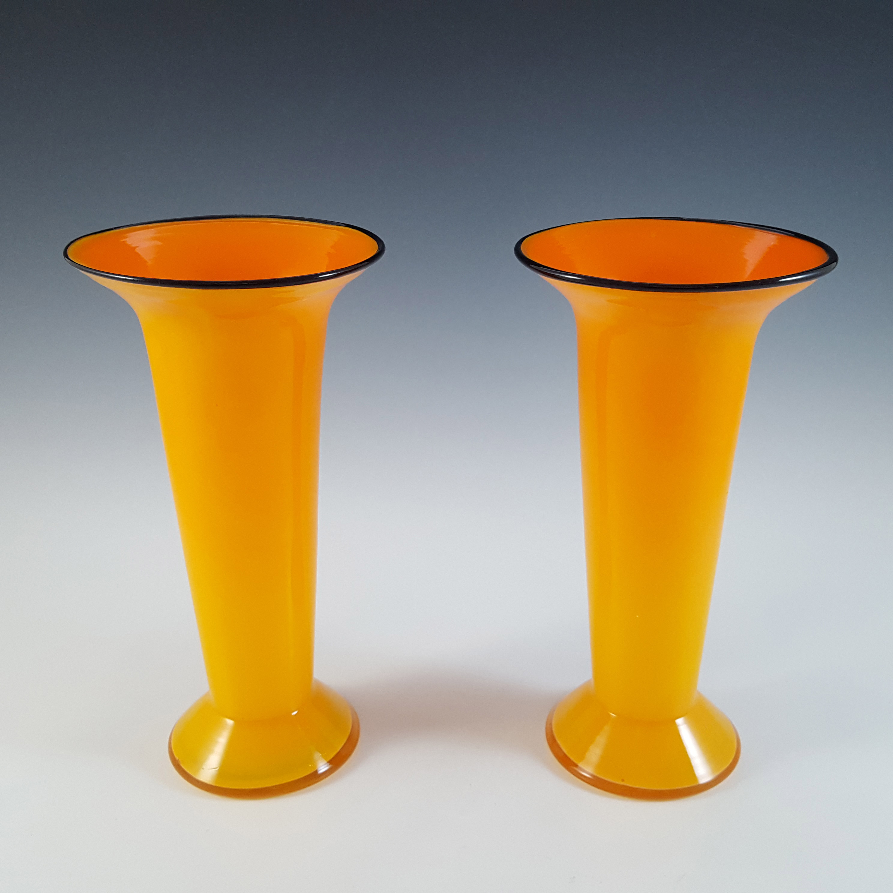 (image for) Franz Welz Pair of Czech / Bohemian Orange & Black Tango Glass Vases - Click Image to Close